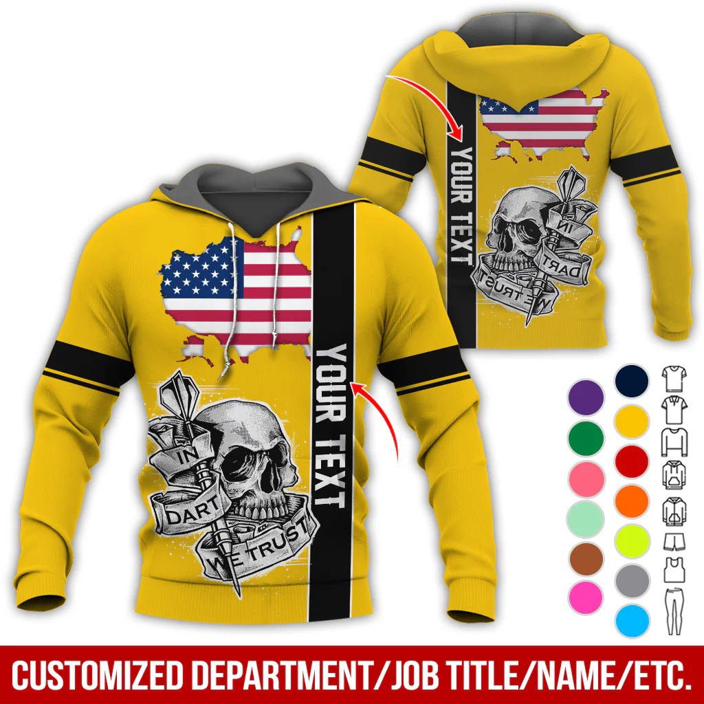 Customized Name & Text Darts Skull Premium Hoodie, In Darts We Trust Skull & American Map Pattern Hoodie, Perfect Gift For Darts Lovers, Friend, Family - Image 3