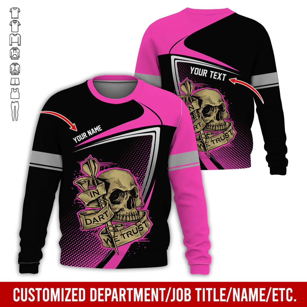 Customized Name & Text Darts Sweatshirt, In Dart We Trust Shirt, Skull Pattern Darts Shirts For Men & Women - Gift For Darts Lovers, Friend, Family - Image 6
