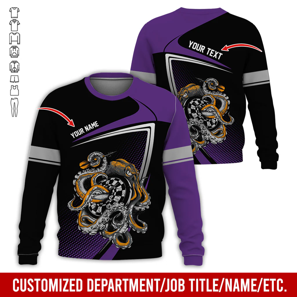 Customized Name & Text Darts Sweatshirt, Octopus & Dartboard Pattern Darts Shirts For Men & Women - Gift For Darts Lovers, Friend, Family - Image 3
