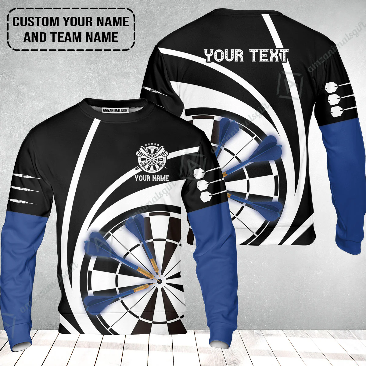 Customized Name & Text Darts Sweatshirt, Personalized Name Blue Dark Darts Team Sweatshirt - Image 2