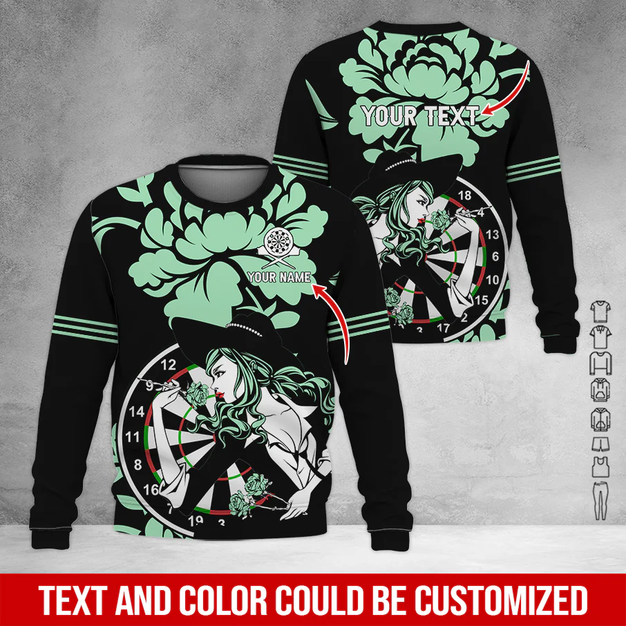 Customized Name & Text Darts Sweatshirt, Personalized Name Rose Girl Plays Darts Sweatshirt For Men & Women - Gift For Darts Lovers, Darts Players - Image 2