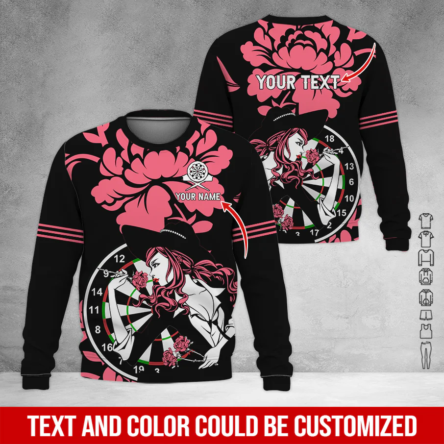 Customized Name & Text Darts Sweatshirt, Personalized Name Rose Girl Plays Darts Sweatshirt For Men & Women - Gift For Darts Lovers, Darts Players - Image 3