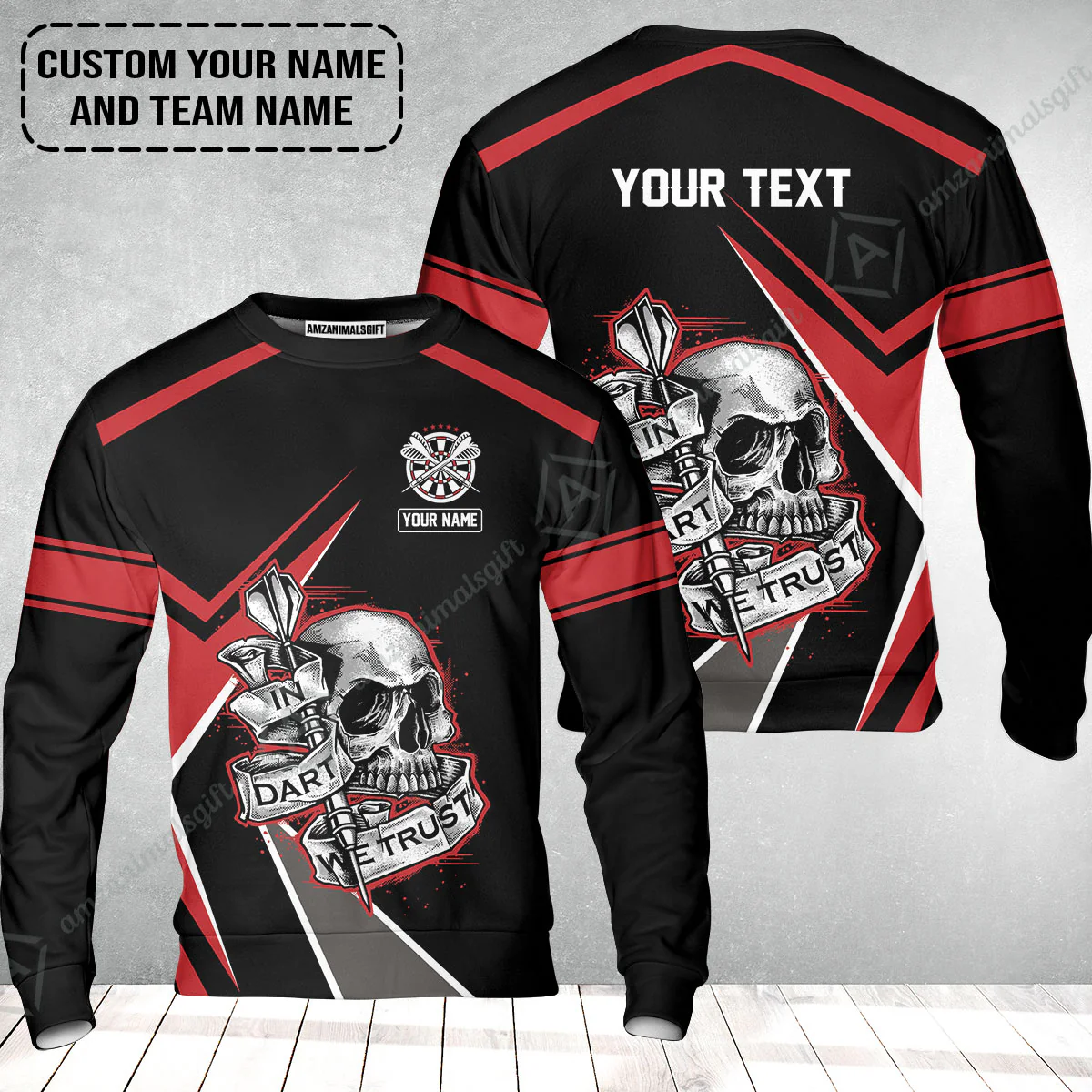 Customized Name & Text Darts Sweatshirt, Skull In Darts We Trust Personalized Darts Sweatshirt - Image 2