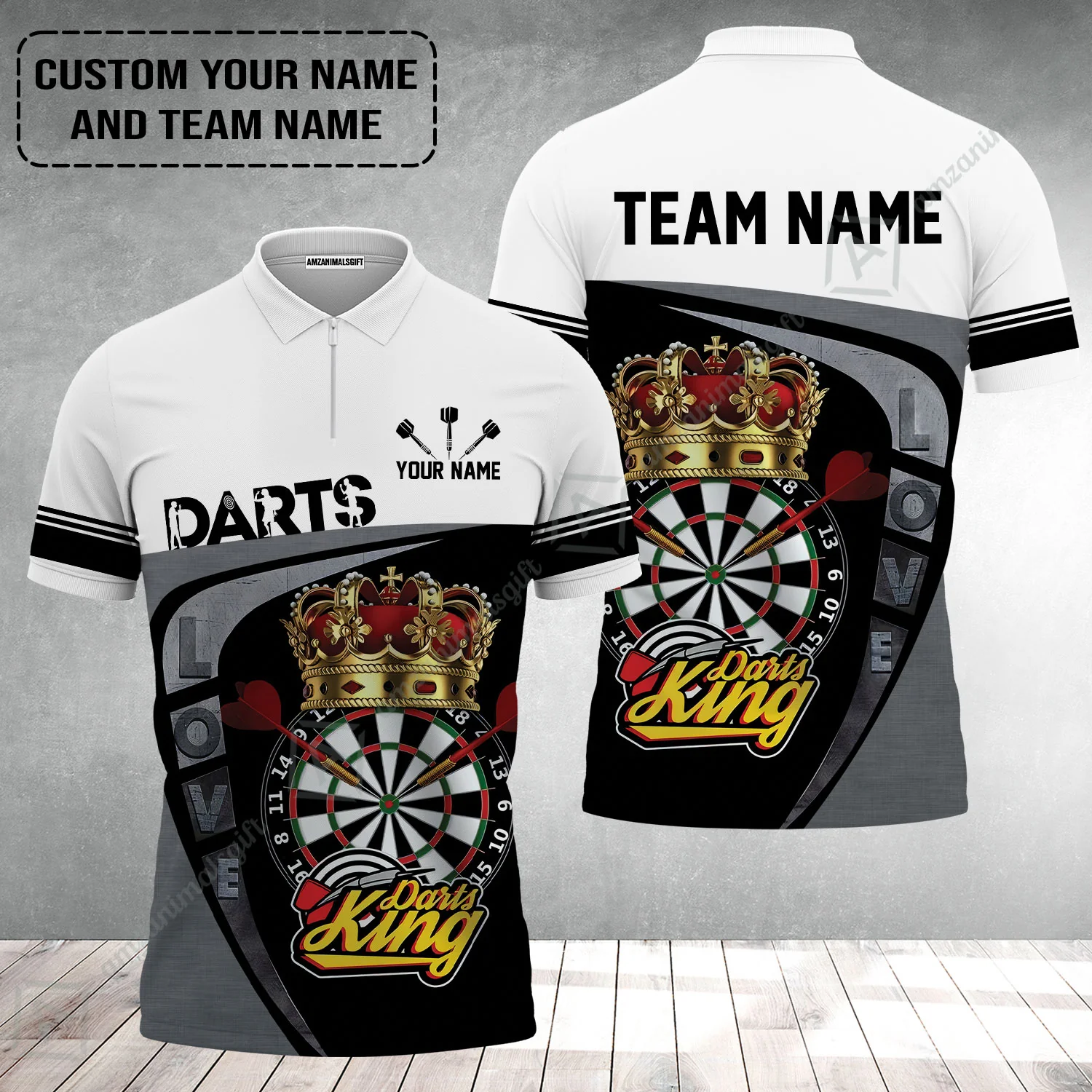 Customized Name & Text Darts Zip Polo Shirt, Darts King Personalized Name Darts Uniforms Zip Polo Shirt - Image 2