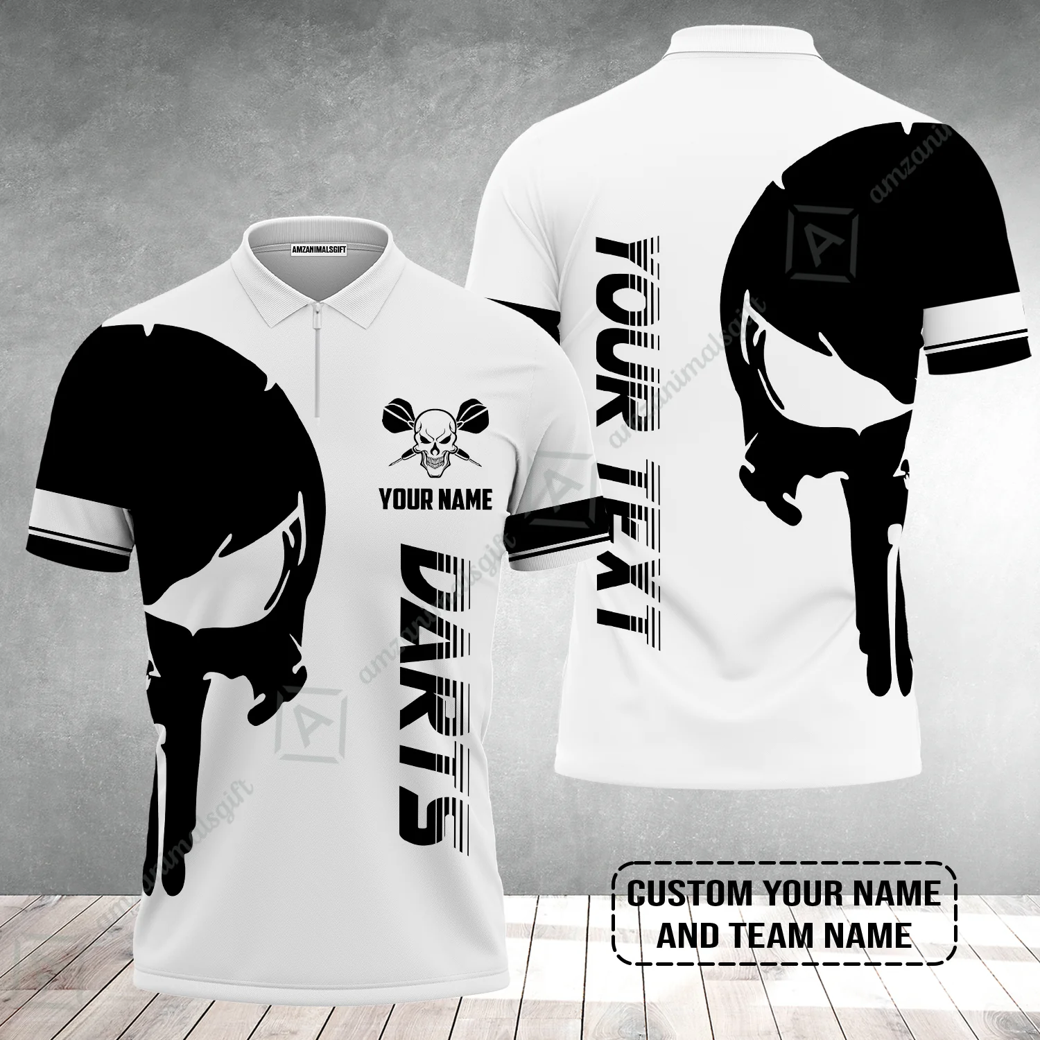 Customized Name & Text Darts Zip Polo Shirt, Darts Skull Personalized Name Darts Zip Polo Shirt - Image 2
