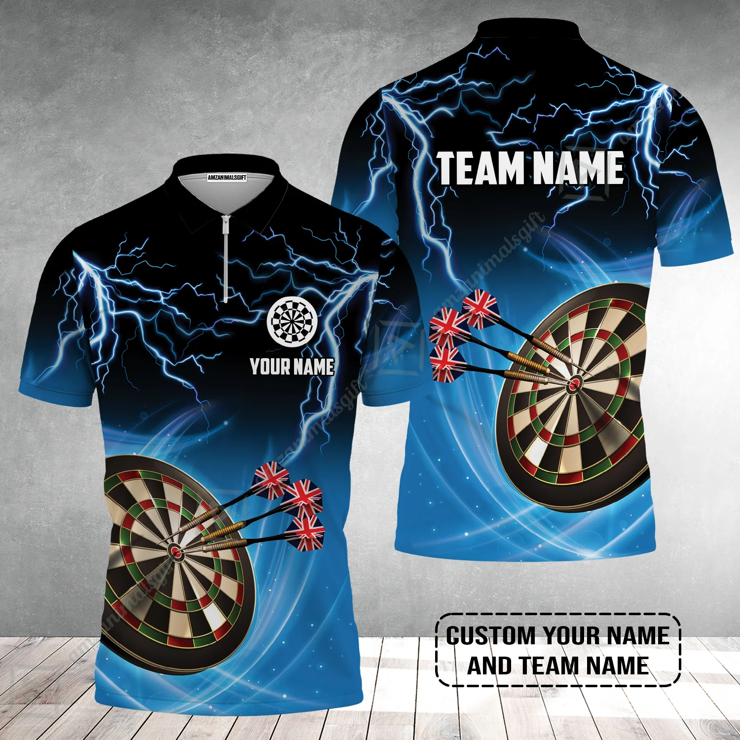 Customized Name & Text Darts Zip Polo Shirt, Kingdom of England Darts Personalized Darts Zip Polo Shirt - Image 2