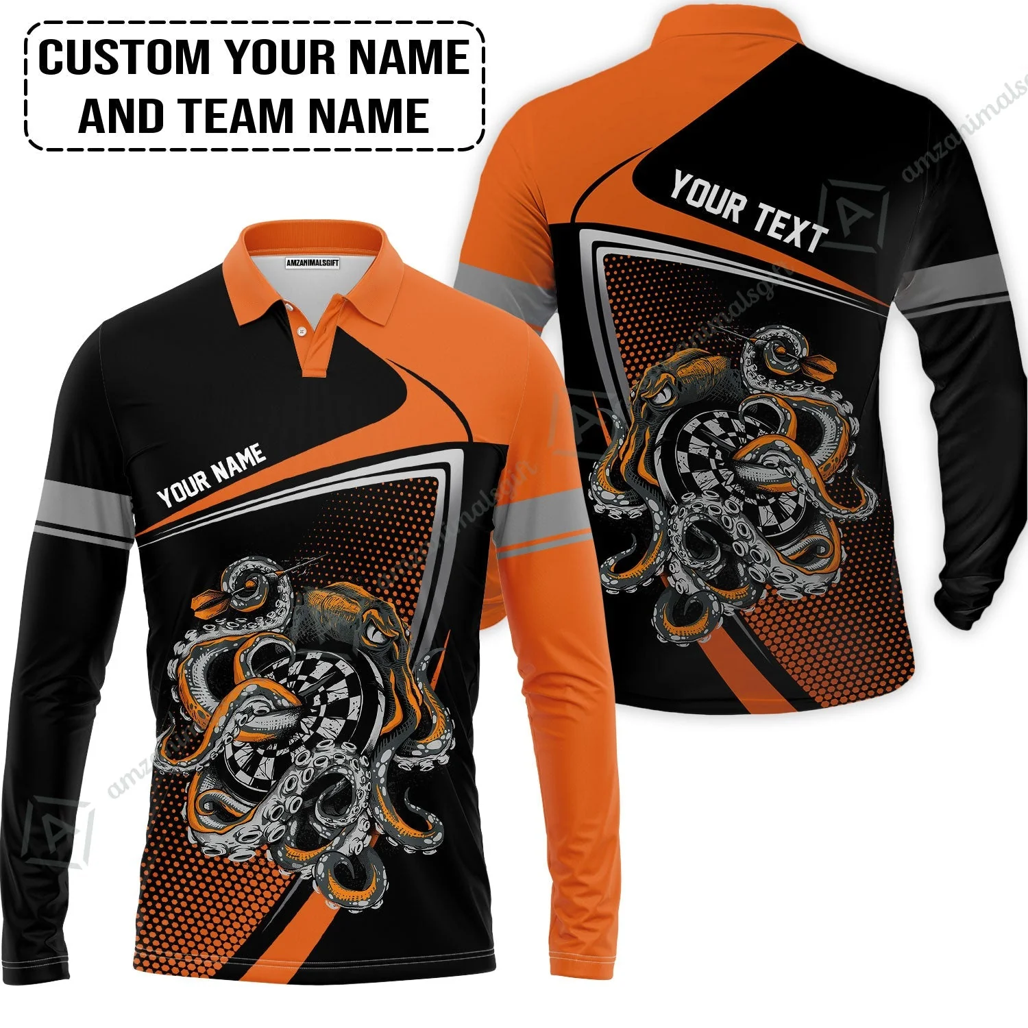 Customized Name & Text Darts Zip Polo Shirt, Personalized Darts And Octopus Zip Polo Shirt - Image 3