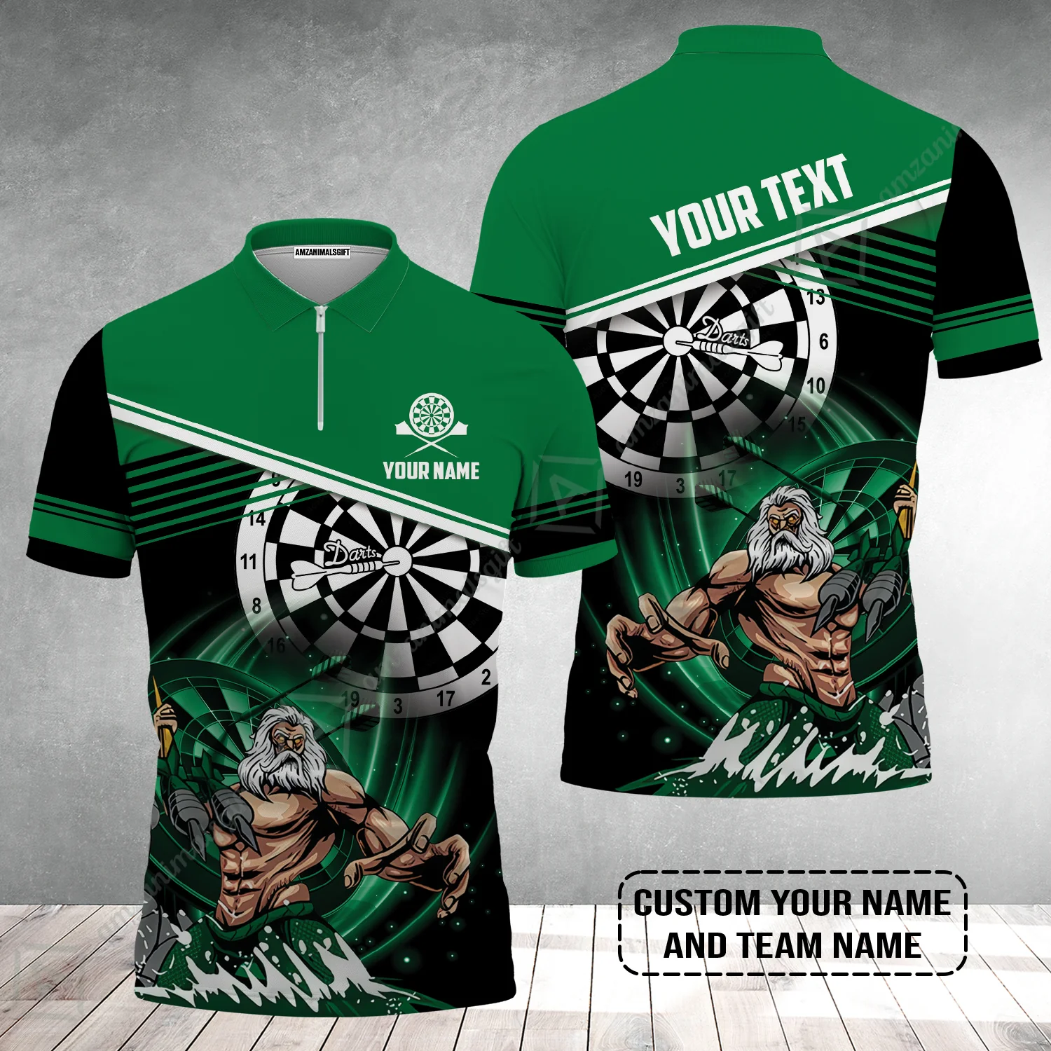 Customized Name & Text Darts Zip Polo Shirt, Personalized Name Poseidon Darts Zip Polo Shirt - Image 2