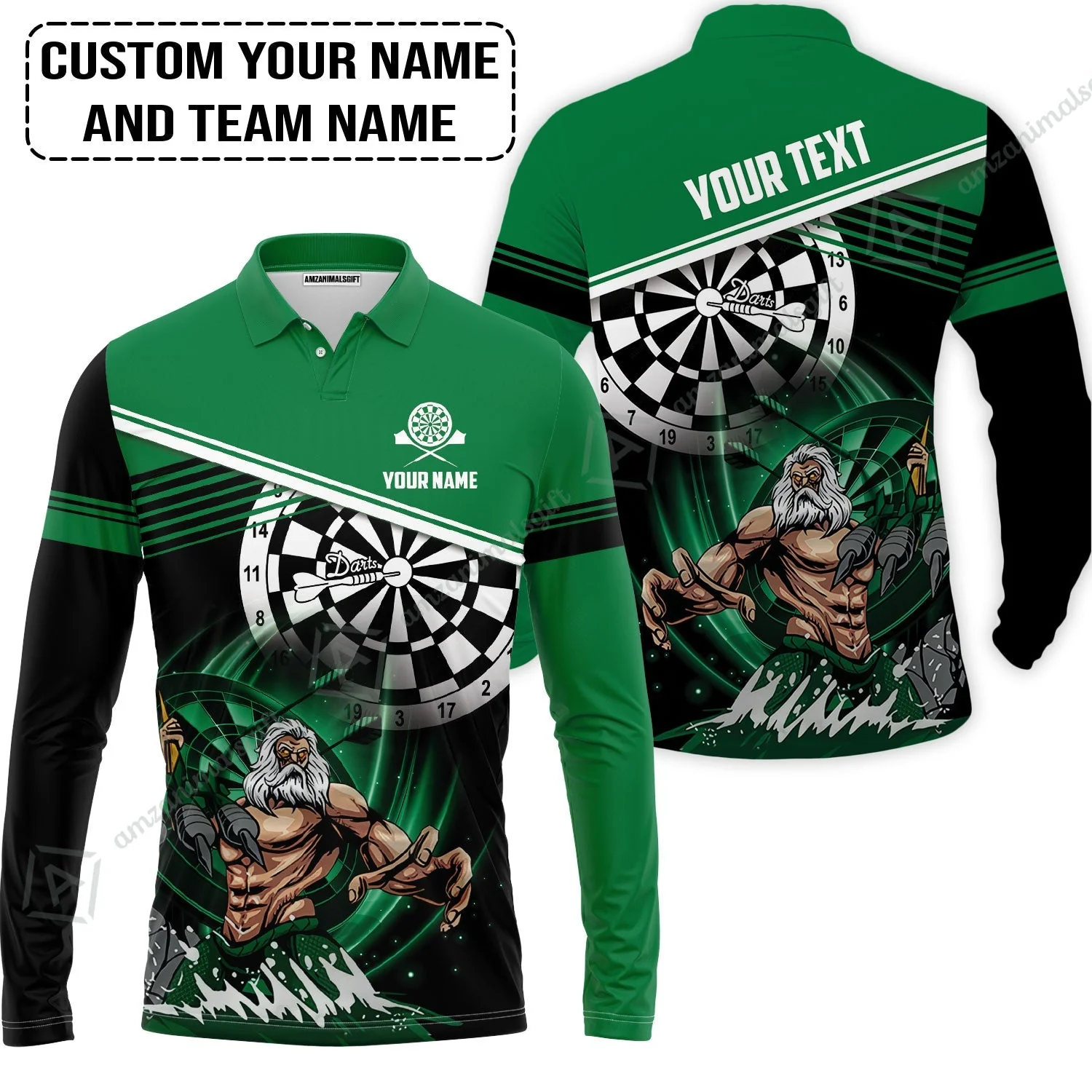 Customized Name & Text Darts Zip Polo Shirt, Personalized Name Poseidon Darts Zip Polo Shirt - Image 3