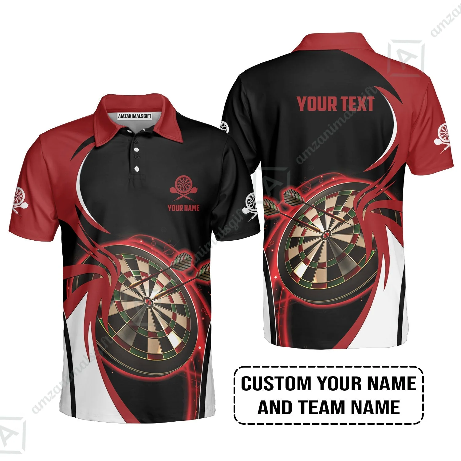 Customized Name & Text Darts Zip Polo Shirt, Personalized Red Darts Uniforms Zip Polo Shirt - Image 4