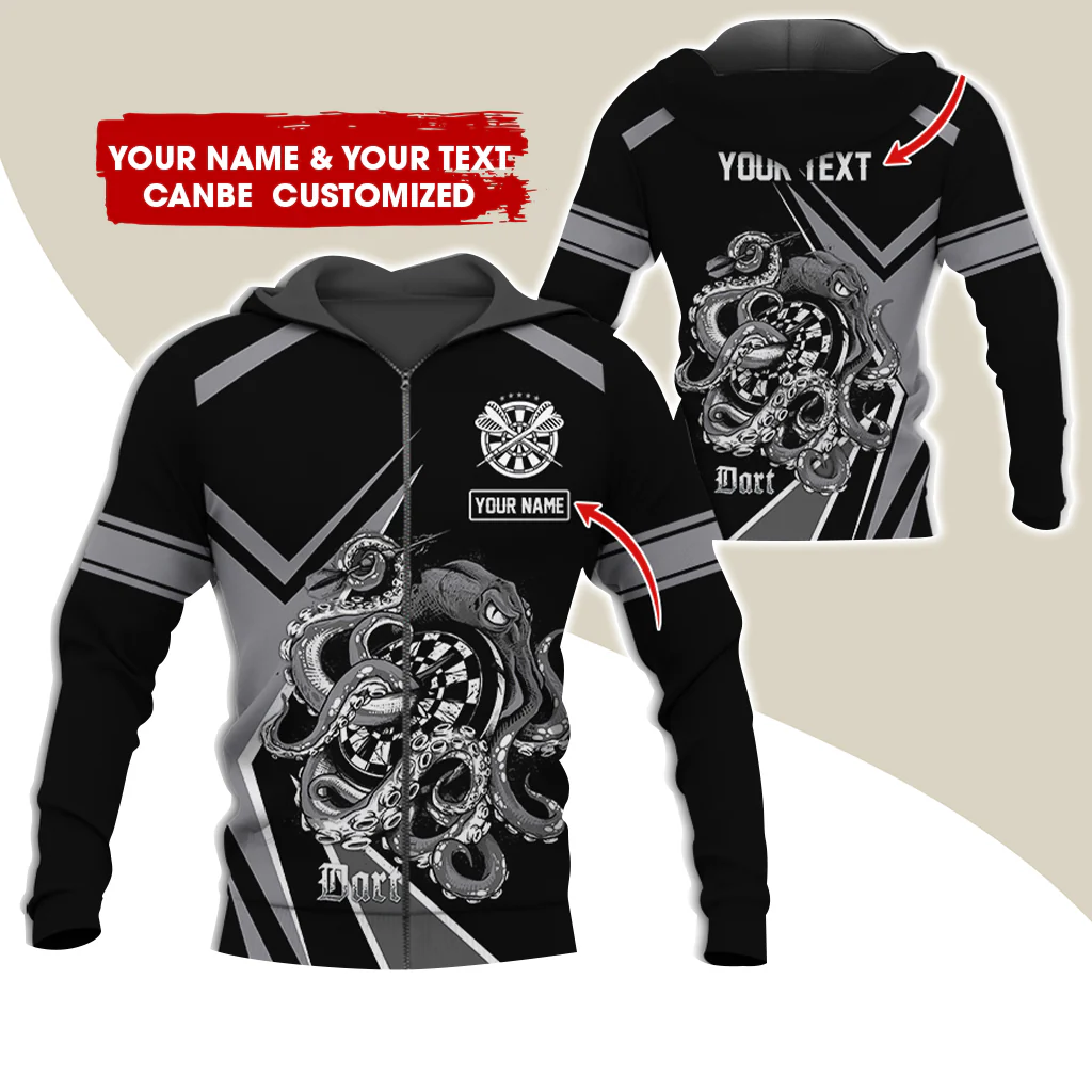 Customized Name & Text Octopus Darts Premium Zip Hoodie, Personalized Darts Zip Hoodie For Men & Women - Gift For Darts Lovers, Darts Players - Image 4
