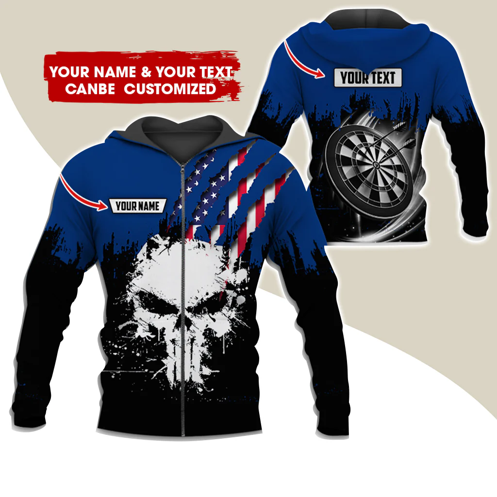 Customized Name & Text Skull Darts Premium Zip Hoodie, Personalized American Flag Zip Hoodie For Men & Women - Gift For Darts Lovers, Darts Players - Image 7
