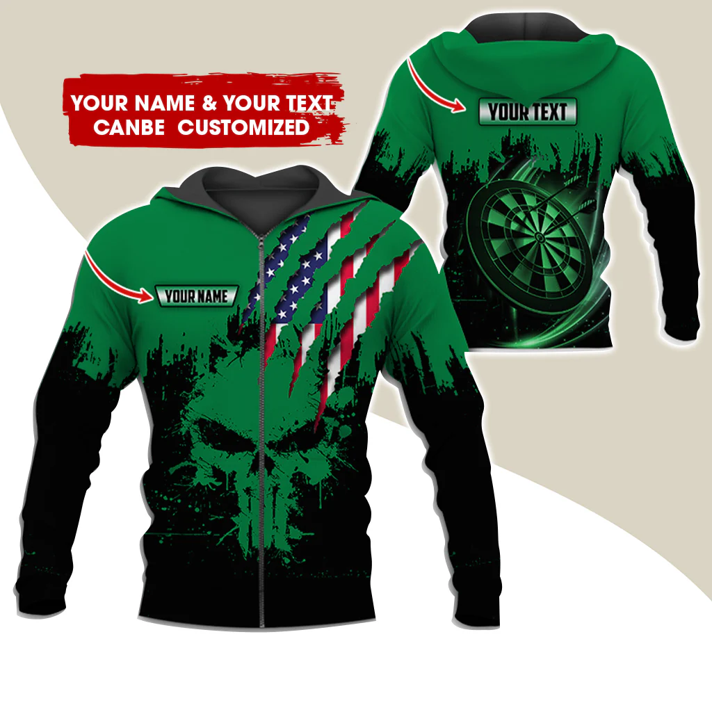 Customized Name & Text Skull Darts Premium Zip Hoodie, Personalized American Flag Zip Hoodie For Men & Women - Gift For Darts Lovers, Darts Players - Image 9