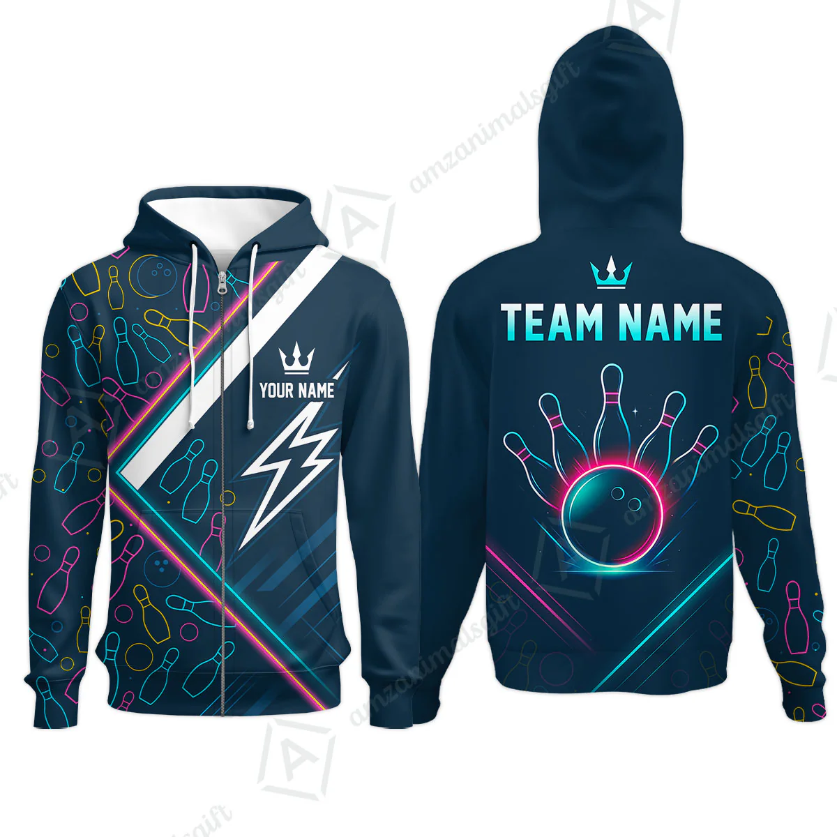 Customized Neon Glow Bowling Zip Hoodie, Lightning Bolt And Crown Zip Hoodie For Bowling Team, Bowlers