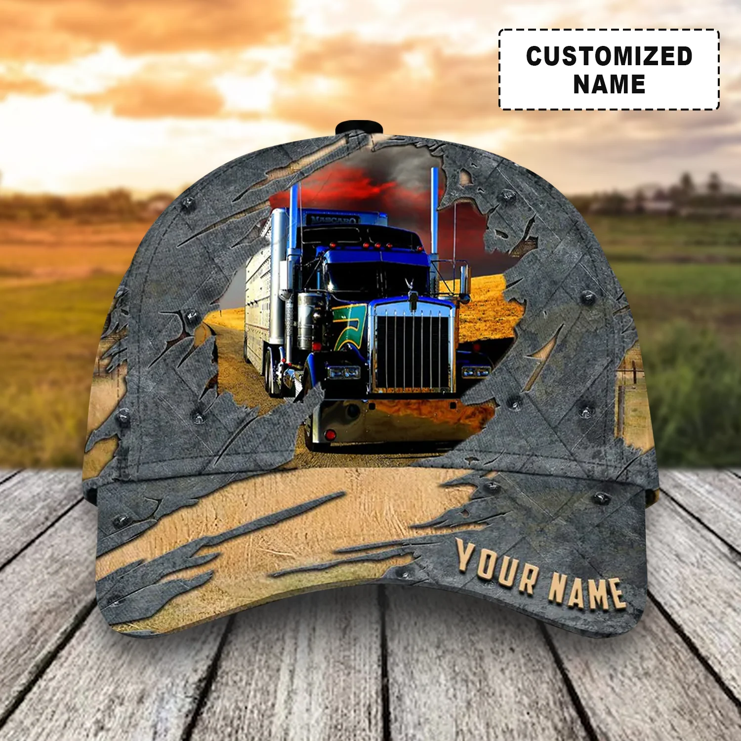 Customized Trucker Baseball Caps Hat, Blue Truck Sunset And Steel Pattern Baseball Caps, Best Hat Gift For Trucker - Image 2