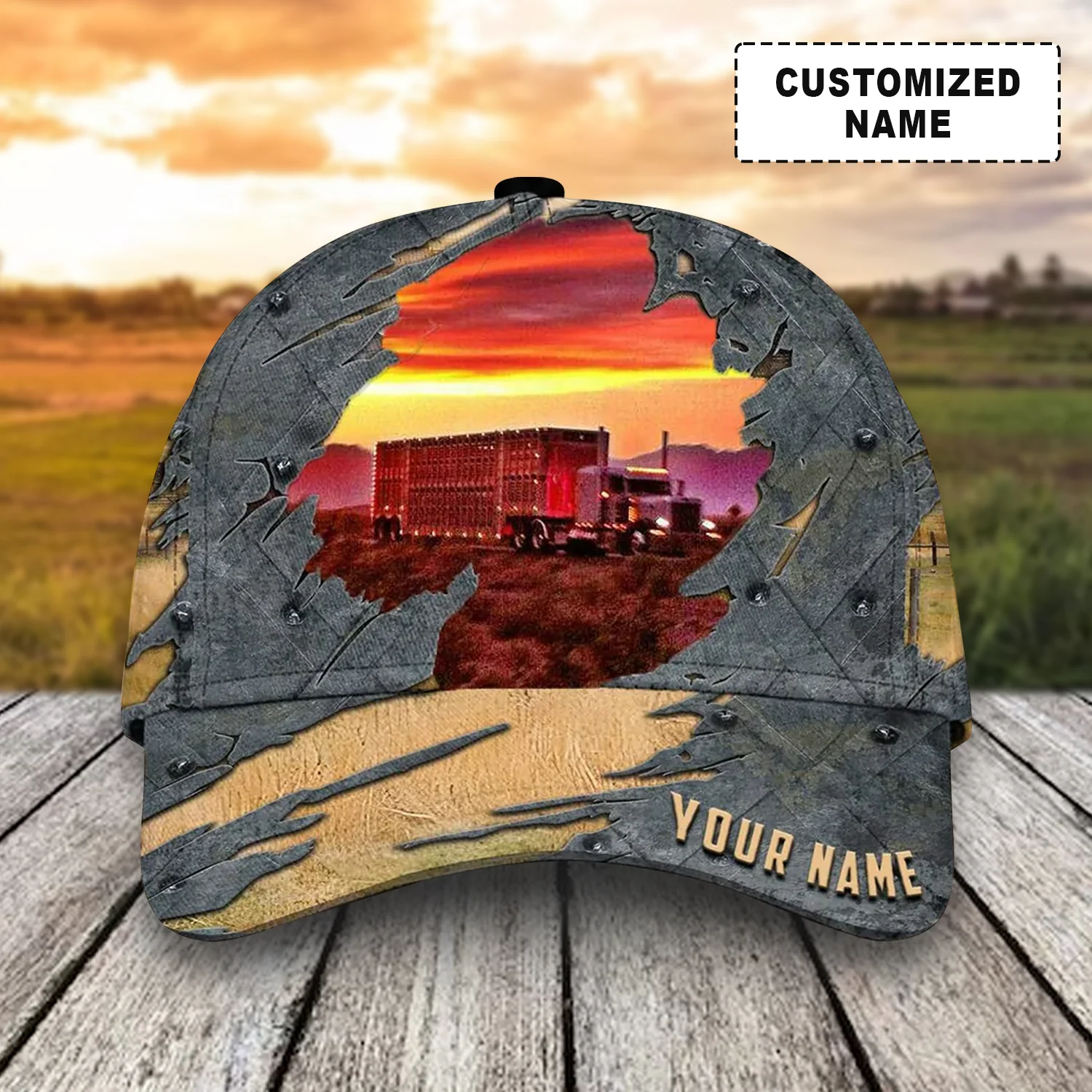 Customized Trucker Baseball Caps Hat, Red Truck Sunset And Steel Pattern Baseball Caps, Best Hat Gift For Trucker - Image 2