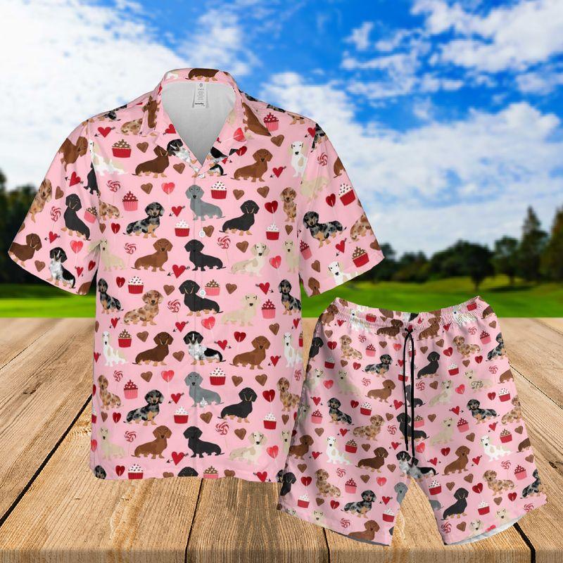 Dachshund Aloha Hawaiian Shirts For Summer, Cartoon Pattern Hawaiian Set For Men Women, Valentine Gift For Husband Wife, Boyfriend, Girlfriend, Couple
