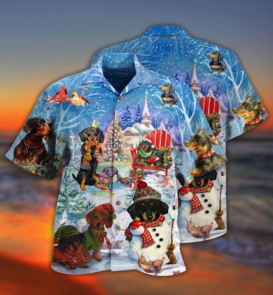 Dachshund Hawaiian Shirt, Dog Christmas Aloha Hawaiian Shirt For Summer, Through The Snow Merry Hawaiian Shirt, Gift For Dog Lover, Friends