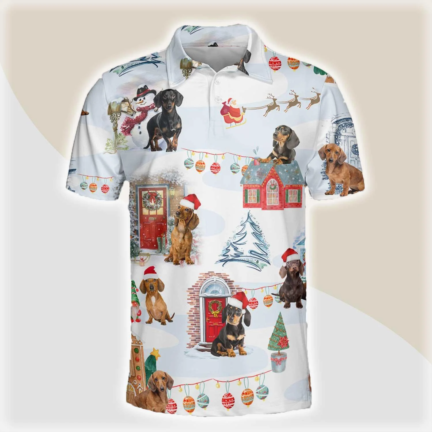 Dachshund Men Polo Shirts - Dachshund Christmas Red Door Dog Button Shirts For Men - Perfect Gift For Dachshund Lovers, Christmas Gifts
