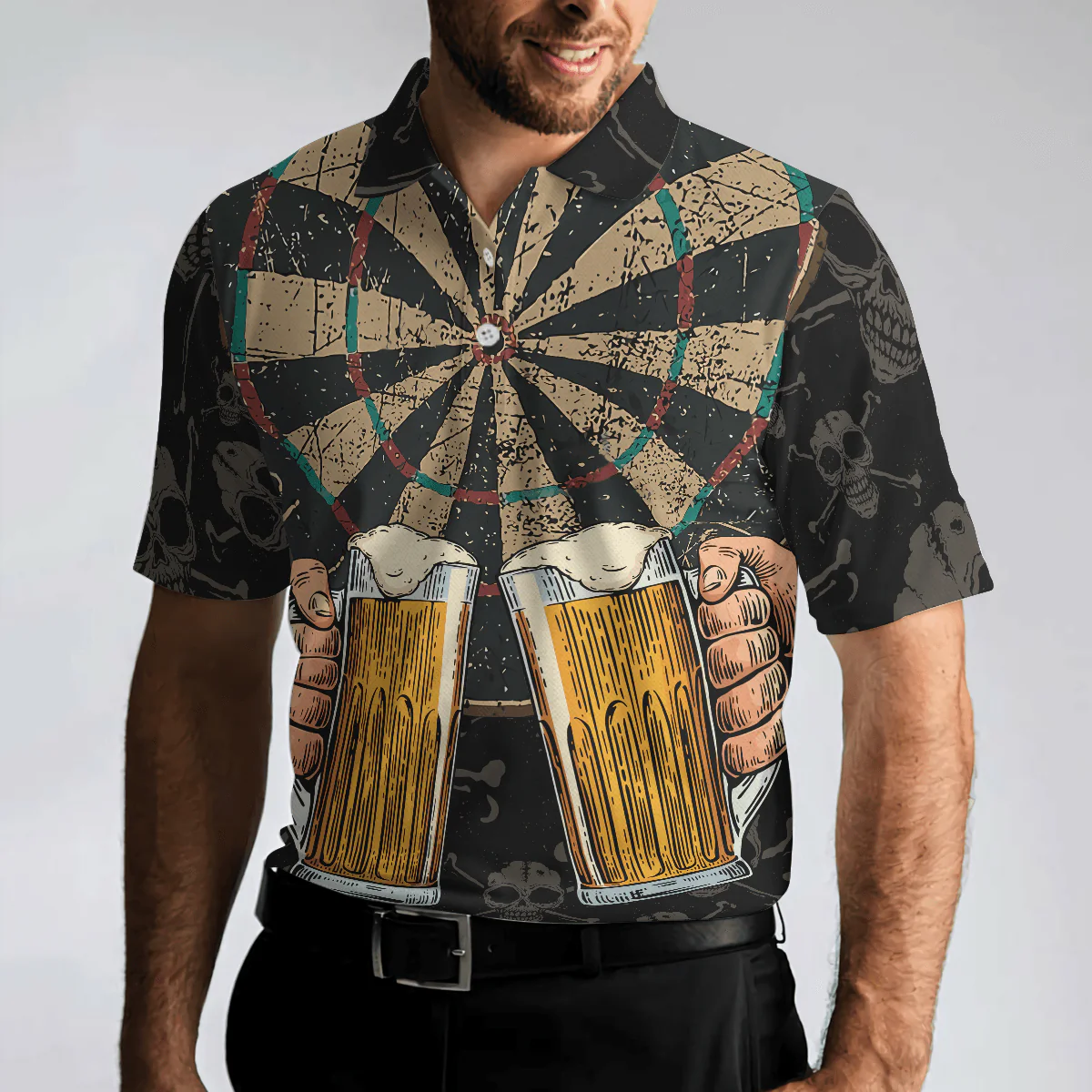 Darts And Beer That's Why I'm Here Short Sleeve Polo Shirt, Skull Darts Print Shirt For Men, Best Gift For Dart Lover - Image 5