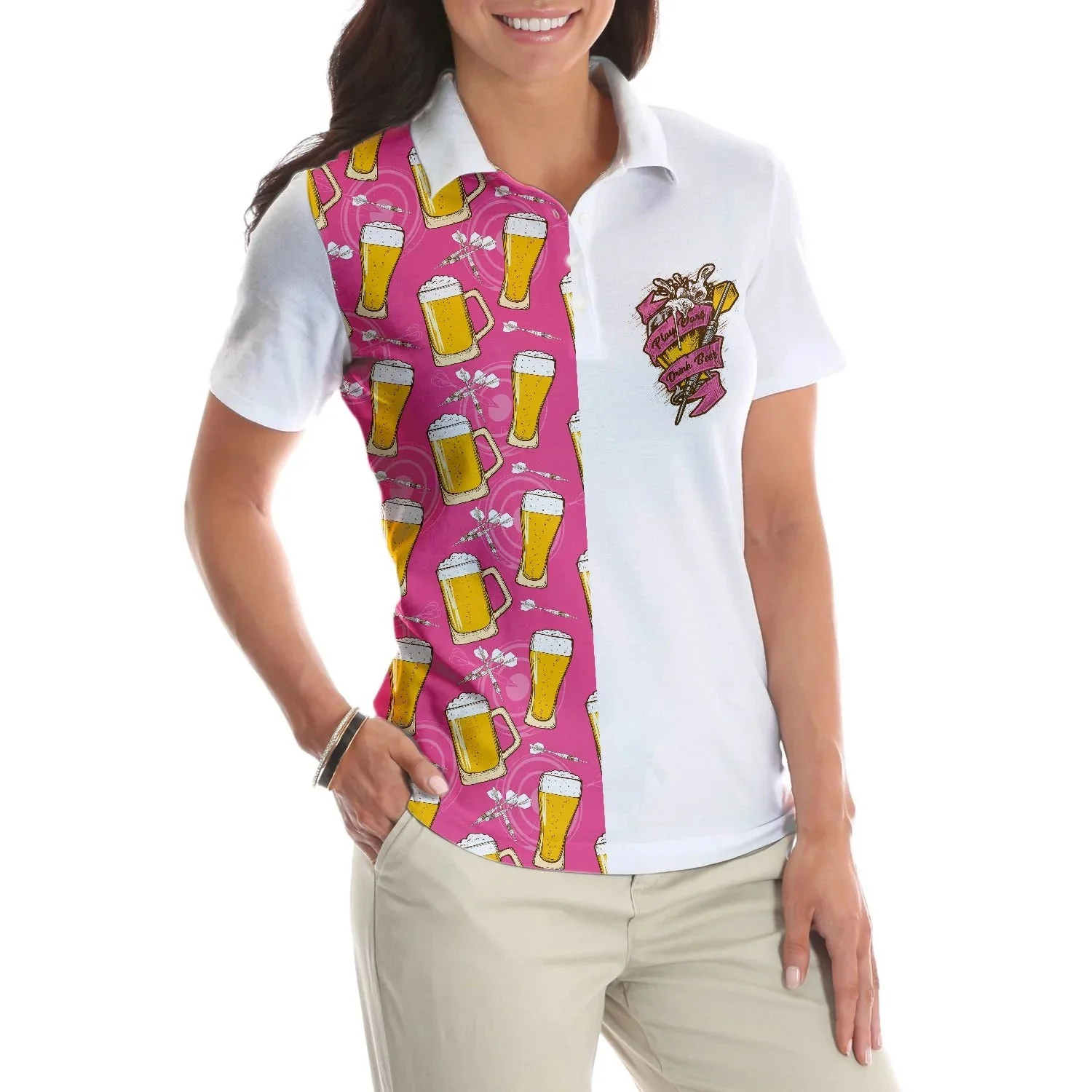 Darts And Beer Women Polo Shirt, I'm A Darts And Beer Kinda Girl, Funny Pink Women Polo Shirts, Cool Darts Gift For Beer Lovers, Ladies, Darts Lovers - Image 5