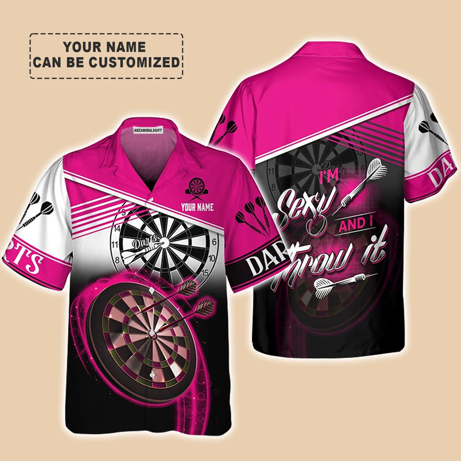 Darts Custom Name Aloha Hawaiian Shirt For Summer, Pink Dart Board Personalized Hawaiian Shirt, Gift For Darts Team Players, I'm Sexy And I Throw It - Image 2