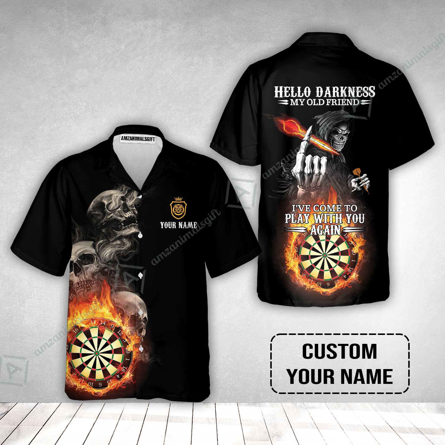 Darts Custom Name Hawaiian Shirt, Skull Personalized Hawaiian Shirt, Hello Darkness My Old Friend I've Come To Play With You Again - Image 2