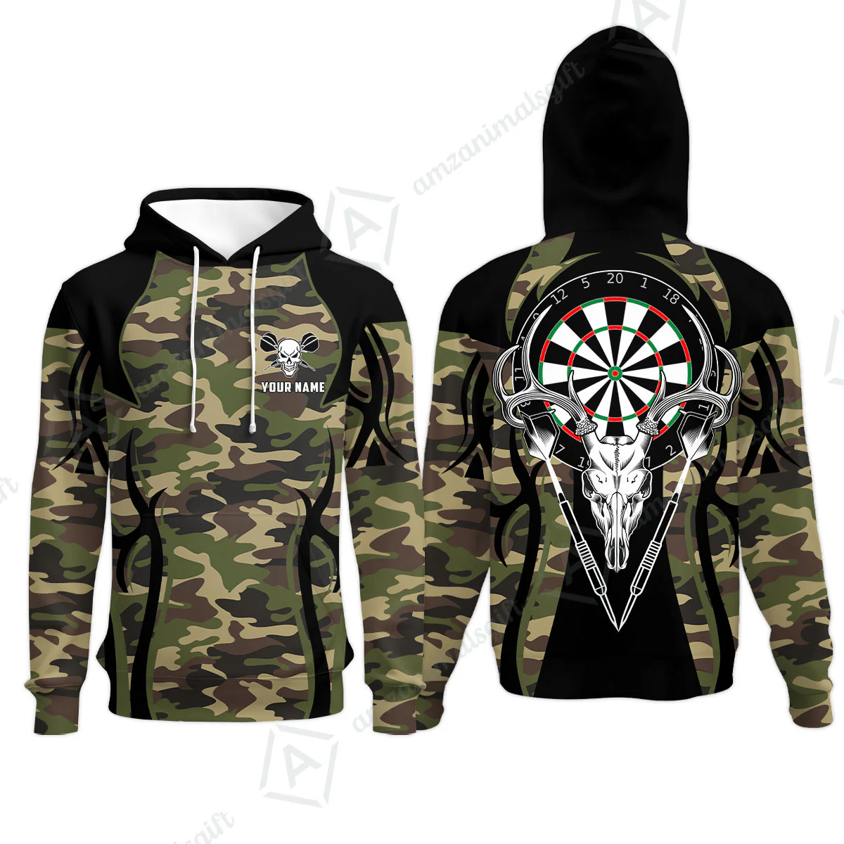 Darts Custom Name Hoodie, Camo Skull Deer Dartboard Personalized Hoodie - Gift For Darts Lovers, Friend, Darts Team Player - Image 2