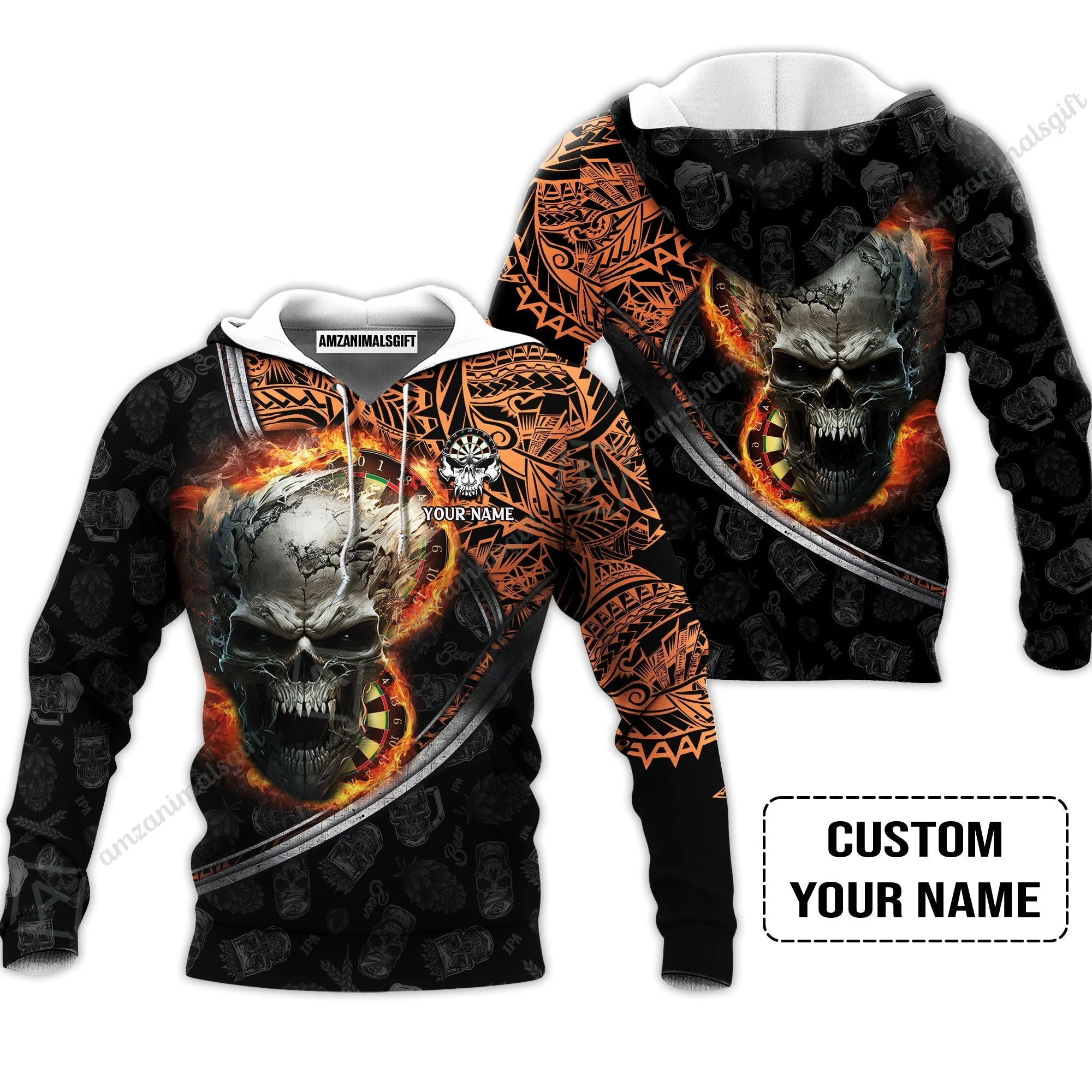 Darts Custom Name Hoodie, Skull Maori Tattoo And Darts Custom Name Hoodie, Flame Bullseye Dartboard Personalized Hoodie
