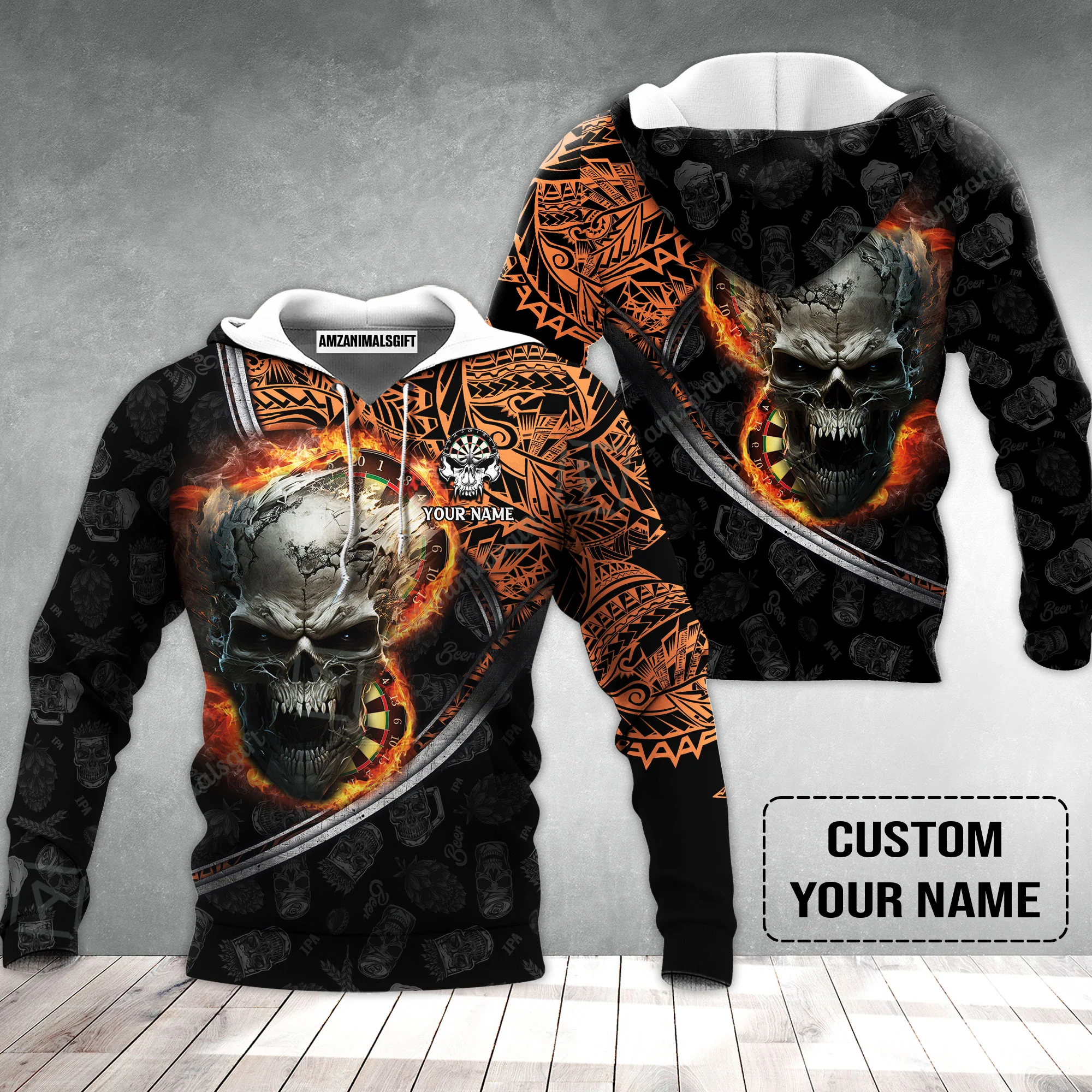 Darts Custom Name Hoodie, Skull Maori Tattoo And Darts Custom Name Hoodie, Flame Bullseye Dartboard Personalized Hoodie - Image 2