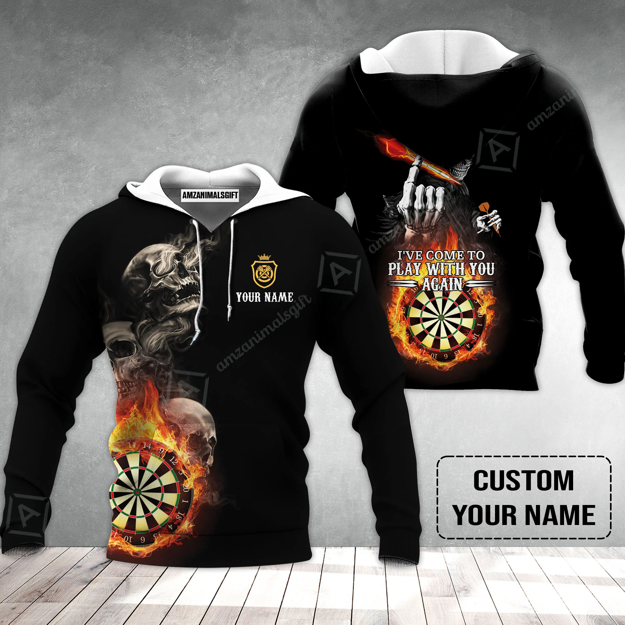 Darts Custom Name Hoodie, Skull Personalized Hoodie, Hello Darkness My Old Friend I've Come To Play With You Again - Image 2