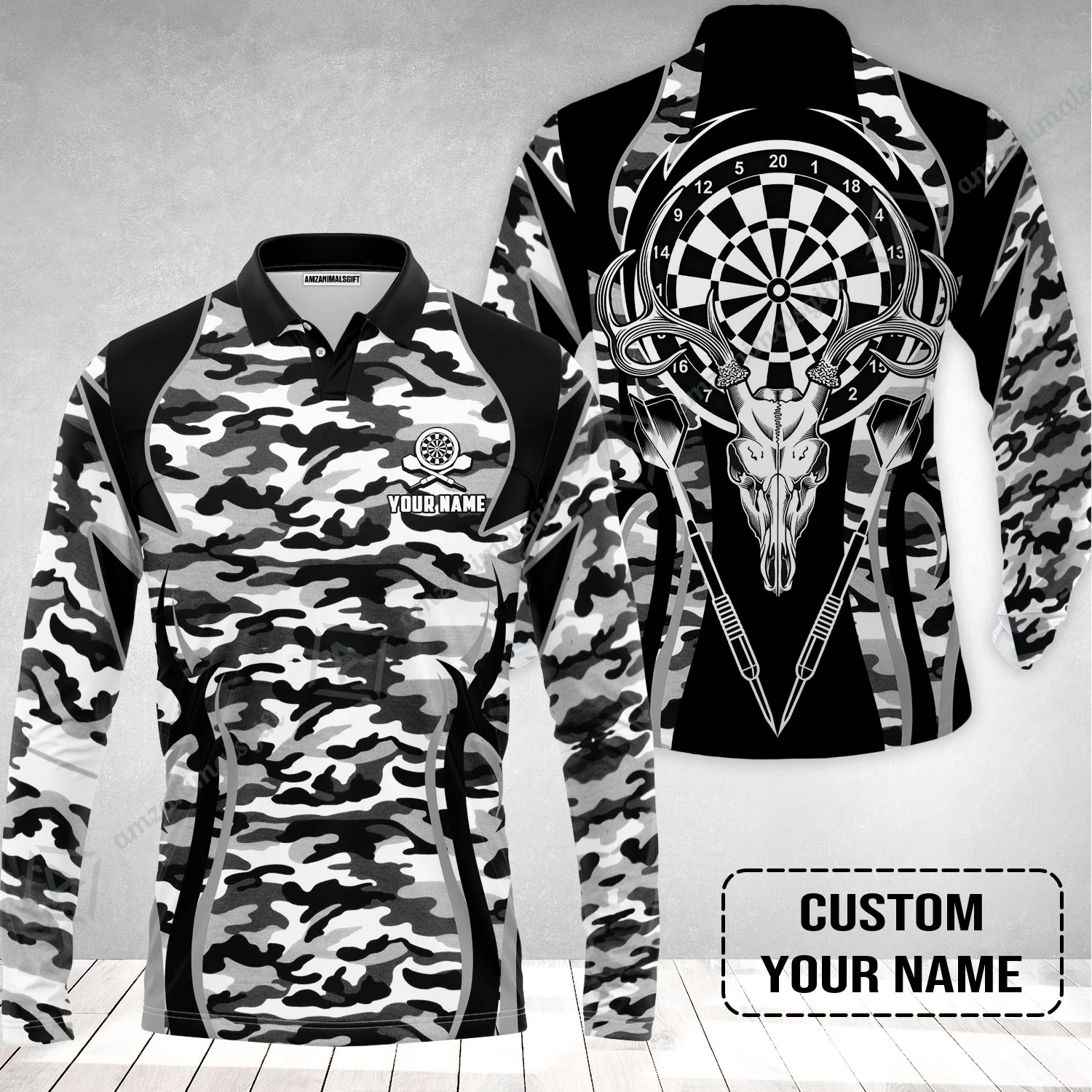 Darts Custom Name Men Long Polo Shirt, Camo Darts And Deer Personalized Long Polo Shirt - Image 2