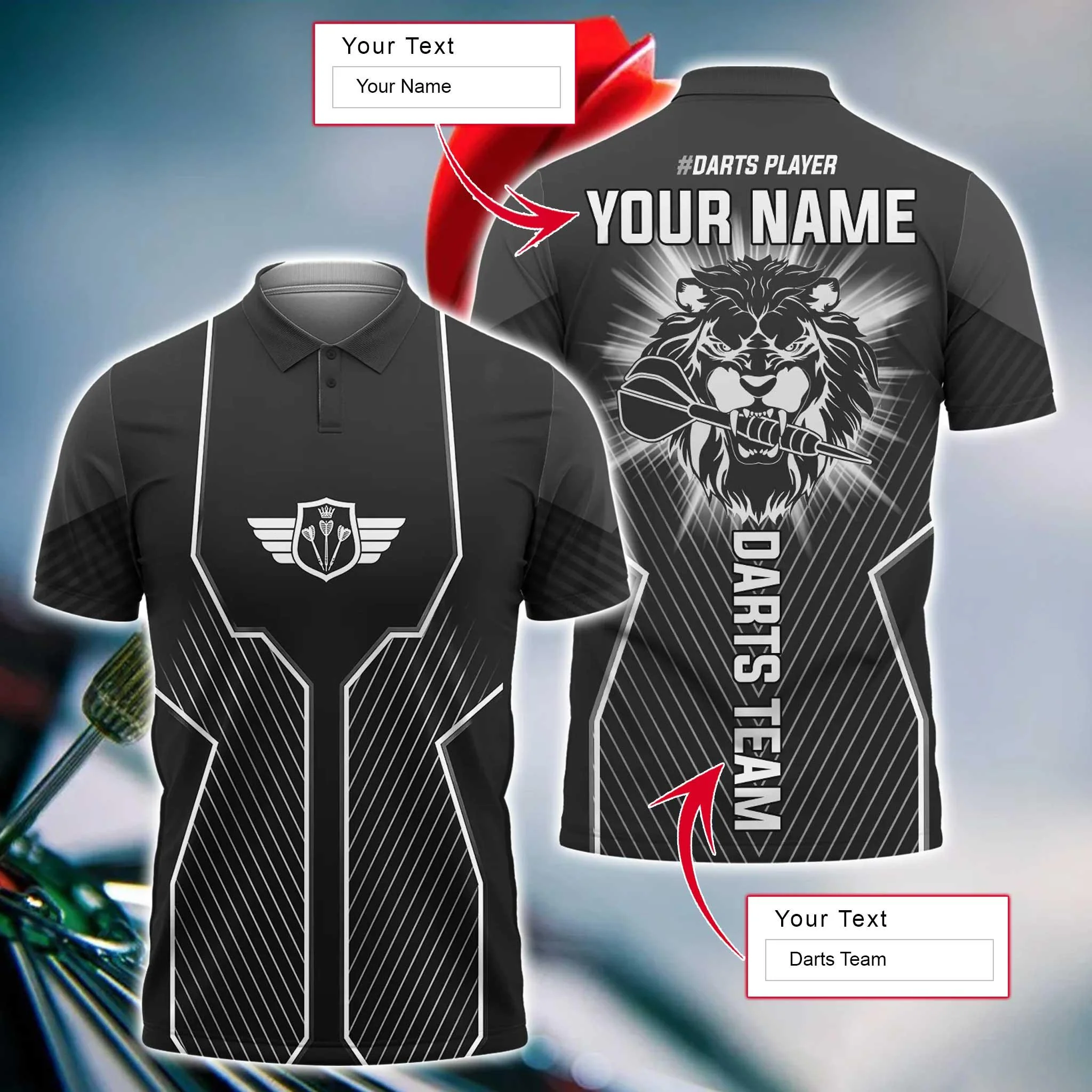 Darts Custom Name Men Polo Shirt, Black Lion Head Personalized Men Polo Shirt Gift For Darts Lovers, Friend, Darts Team Player