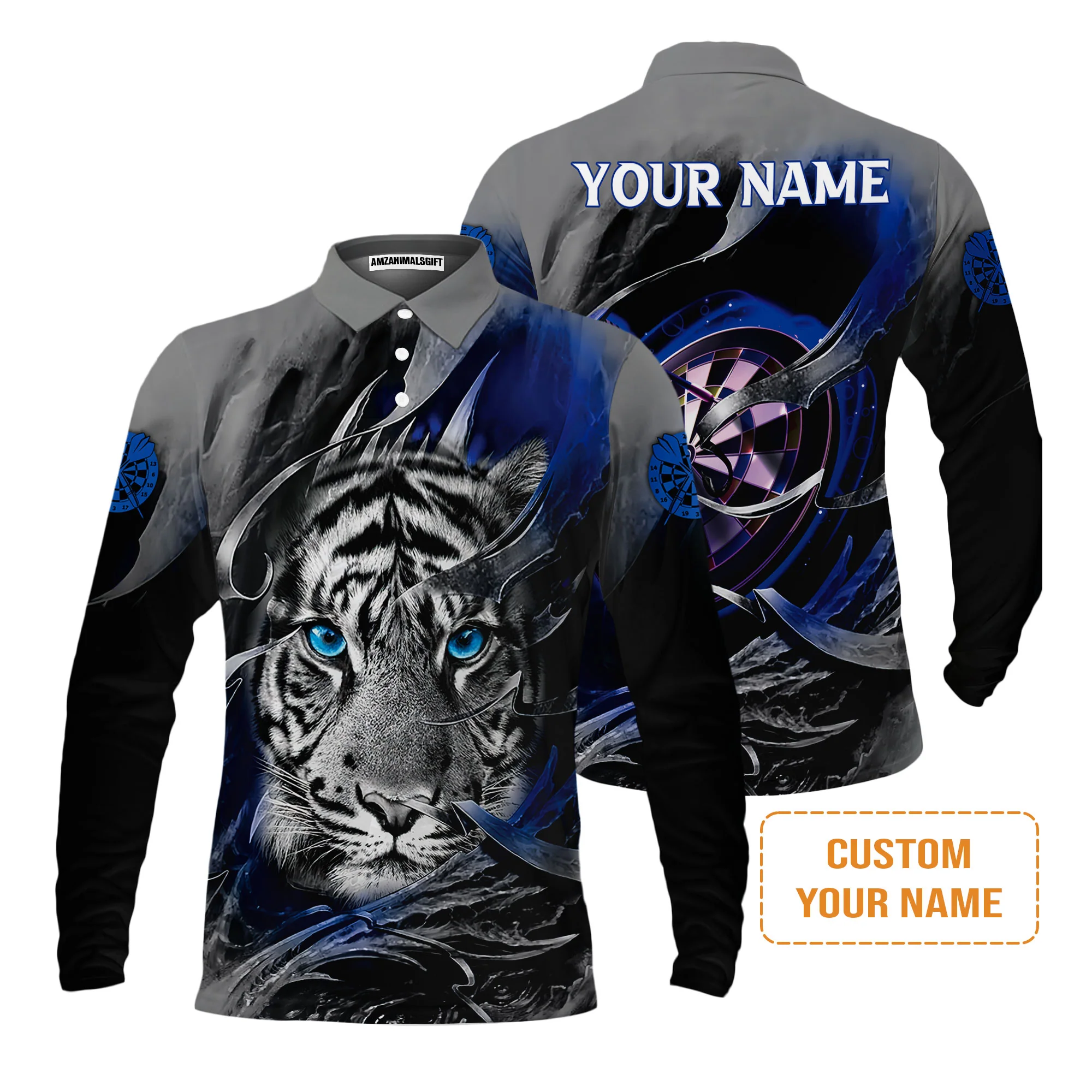 Darts Custom Name Men Polo Shirt, Blue Bullseye Dartboard Personalized Name Tiger And Darts Polo Shirts For Men, Apparel Gift For Darts Lover, Team - Image 3