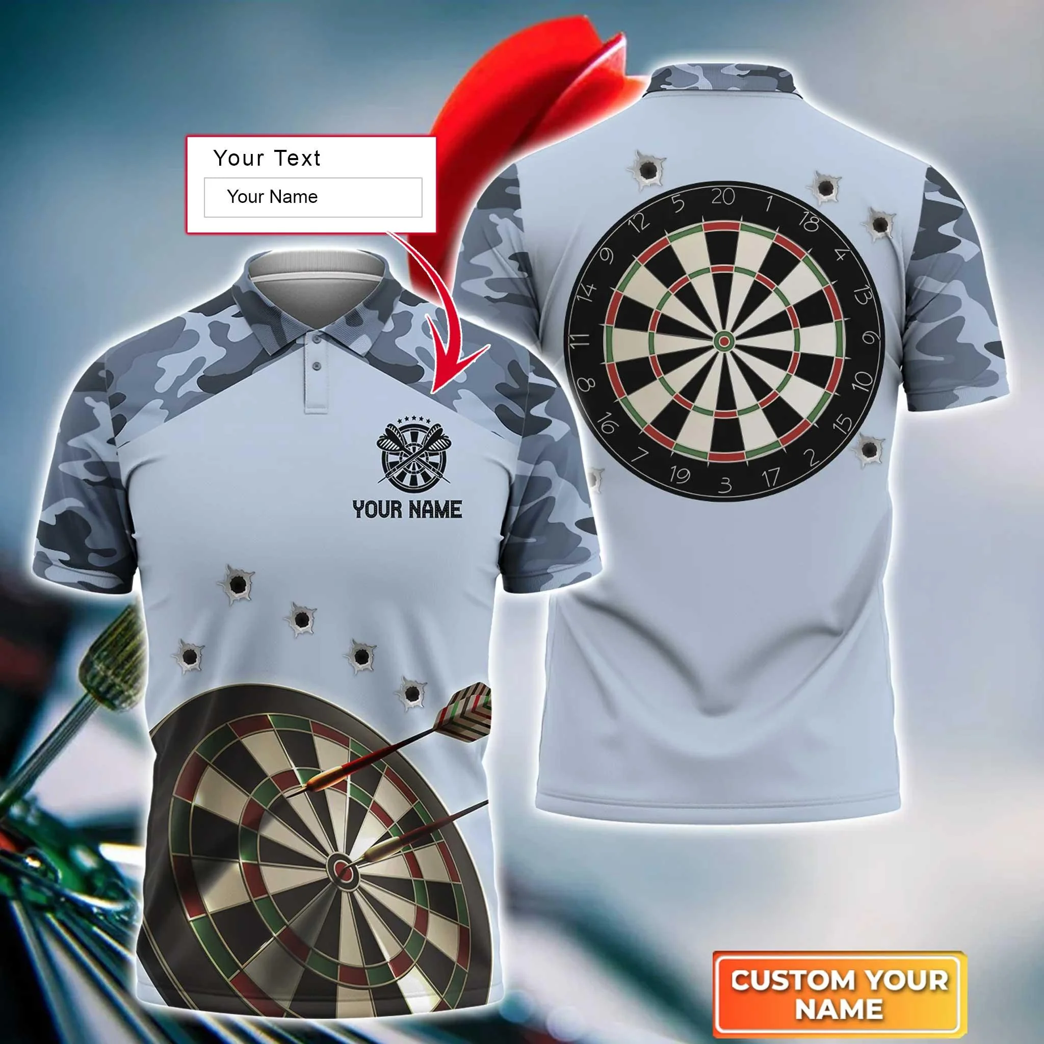 Darts Custom Name Men Polo Shirt, Blue Camo Dartboard Personalized Men Polo Shirt Gift For Darts Lovers, Friends, Darts Team Player Tad