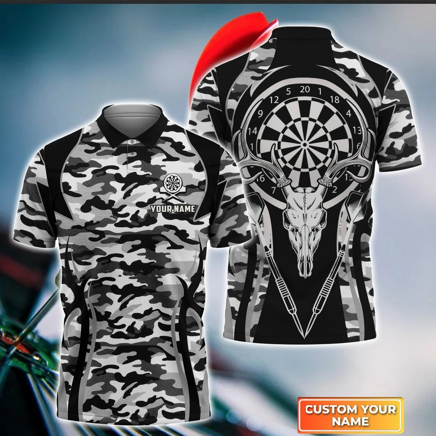Darts Custom Name Men Polo Shirt, Camo Darts And Deer Personalized Men Polo Shirt Gift For Darts Lovers, Friend, Team, Darts Player