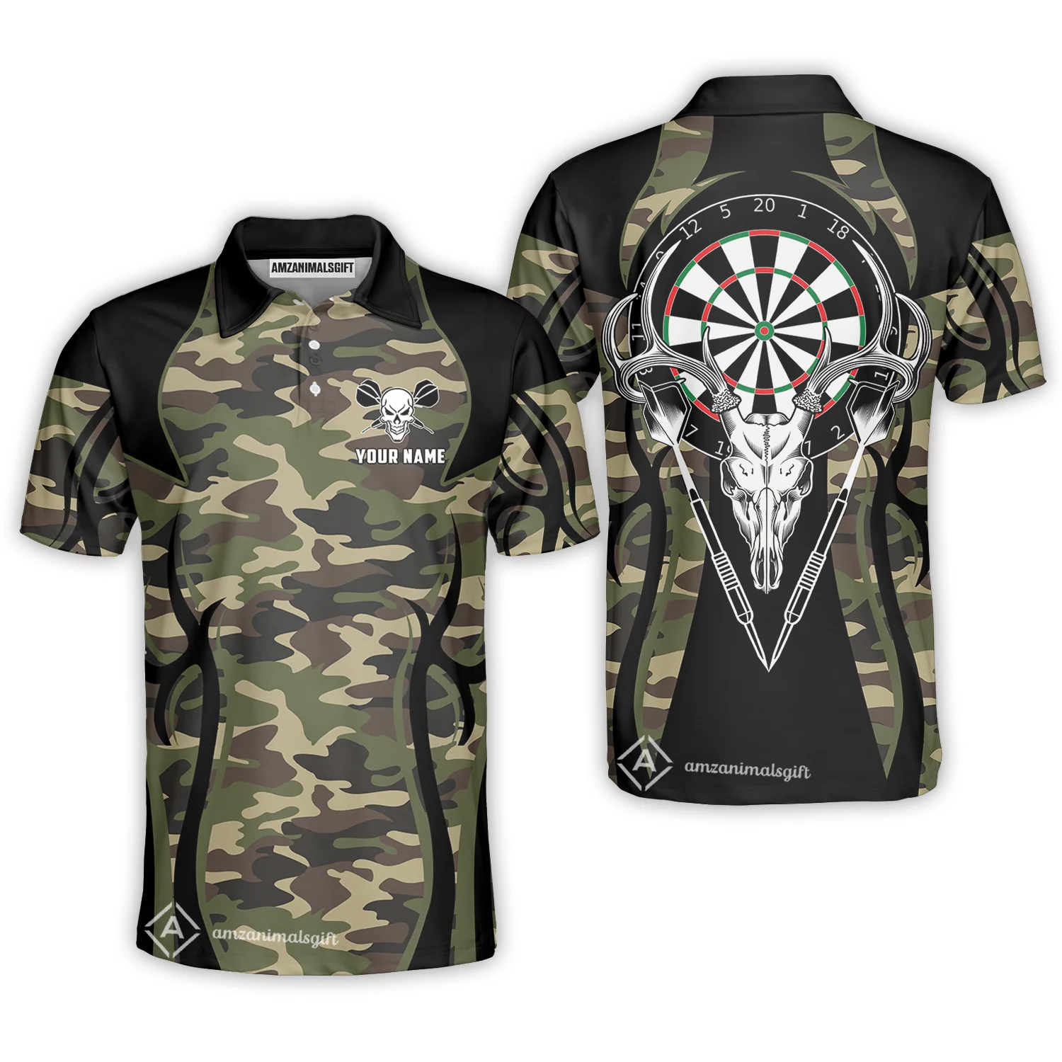 Darts Custom Name Men Polo Shirt, Camo Skull Deer Dartboard Personalized Men Polo Shirt Gift For Darts Lovers, Friend, Darts Team Player