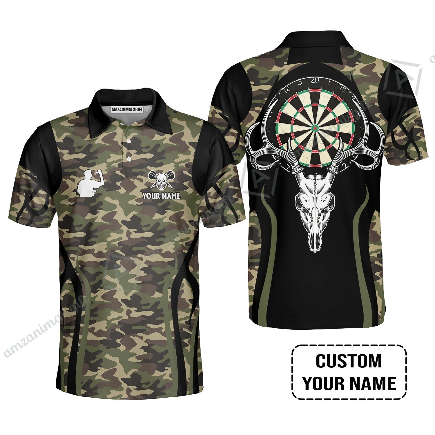 Darts Custom Name Men Polo Shirt, Camo Skull Deer Dartboard Personalized Men Polo Shirt Gift For Darts Lovers, Friend, Darts Team Player - Image 2