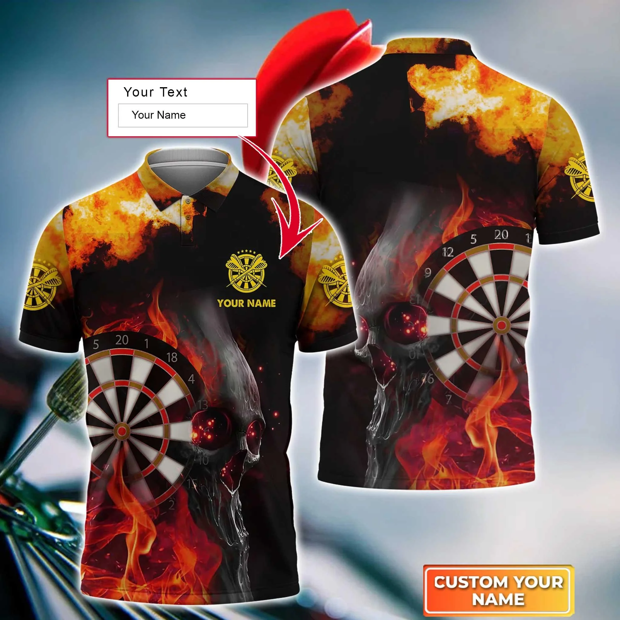 Darts Custom Name Men Polo Shirt, Dartboard Fire Skull Personalized Men Polo Shirt Gift For Darts Lovers, Friend, Darts Team Player - Image 2