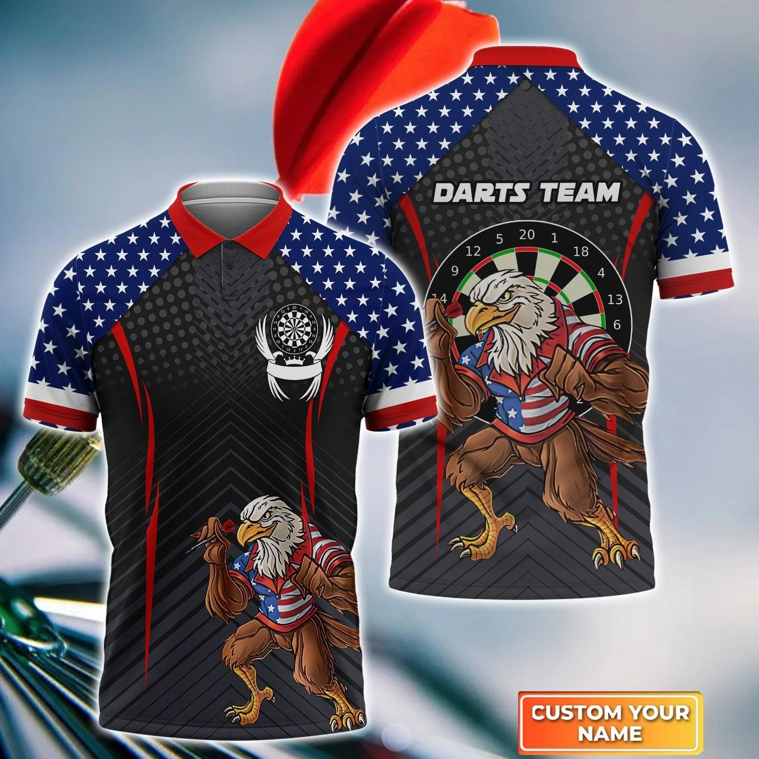 Darts Custom Name Men Polo Shirt, Darts Eagle American Flag Personalized Men Polo Shirt Gift For Darts Lovers, Friend, Team, 4th July