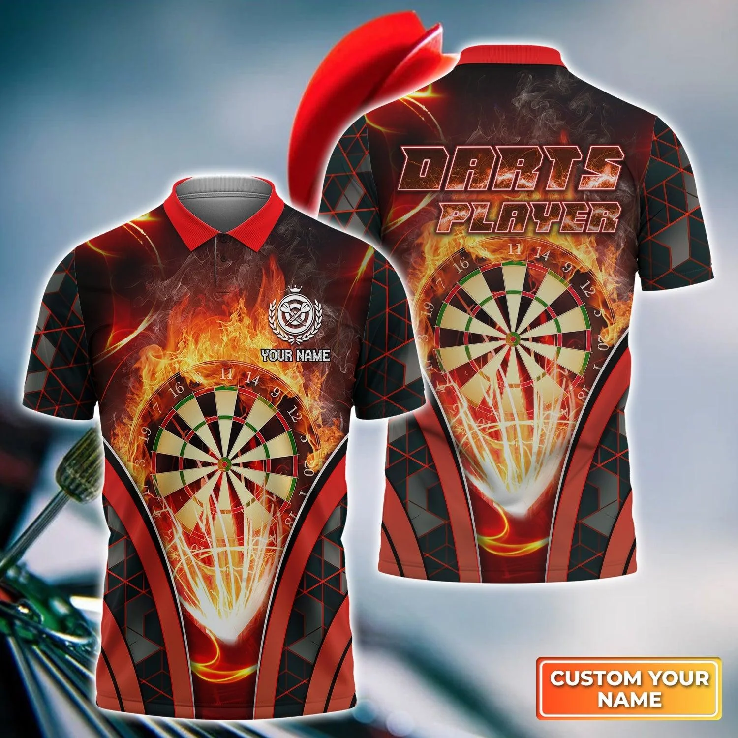 Darts Custom Name Men Polo Shirt, Darts Player Fire Personalized Men Polo Shirt Gift For Darts Lovers, Friend, Darts Team Player