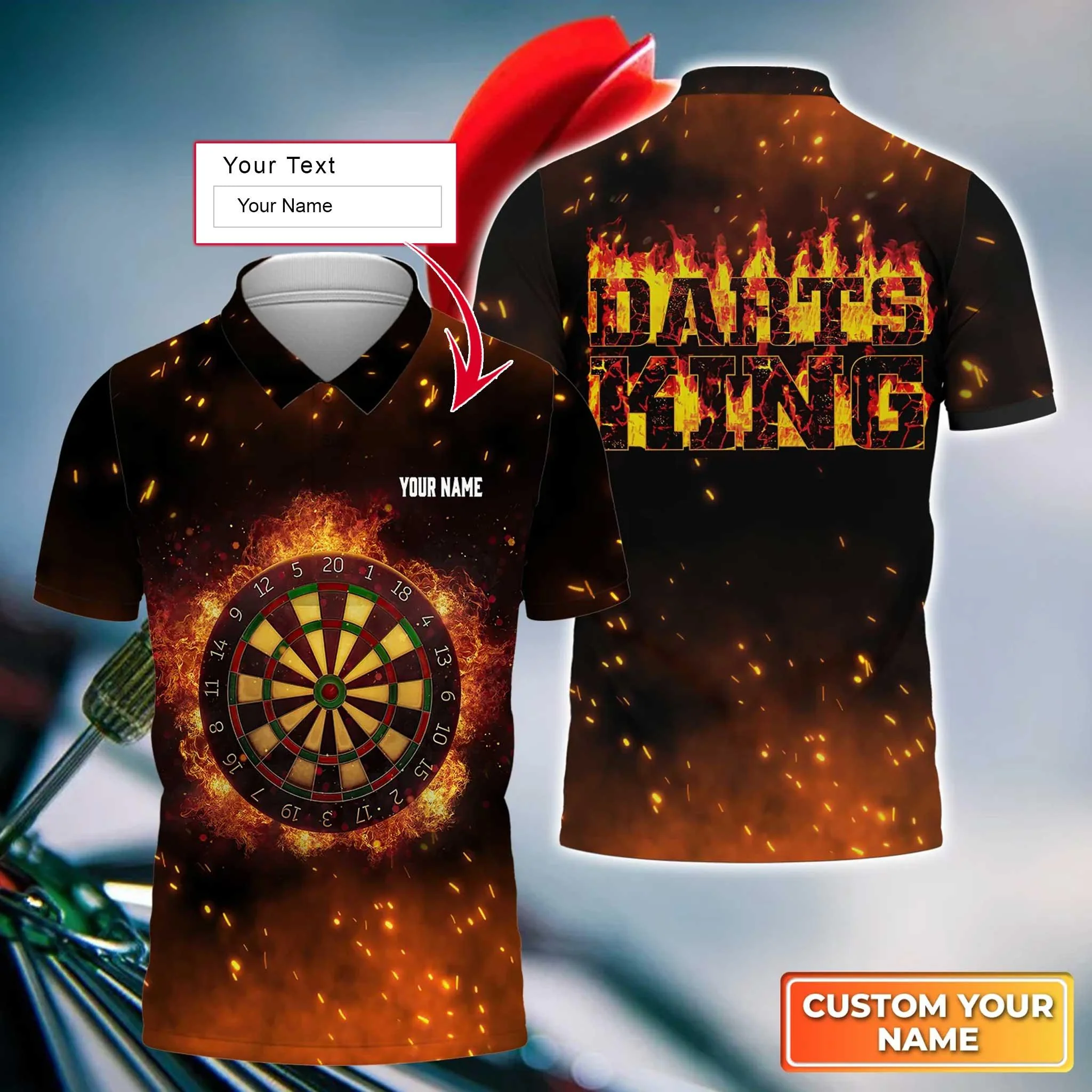 Darts Custom Name Men Polo Shirt, Flame Dartboard Darts King Personalized Men Polo Shirt Gift For Darts Lovers, Friends, Team Players - Image 2