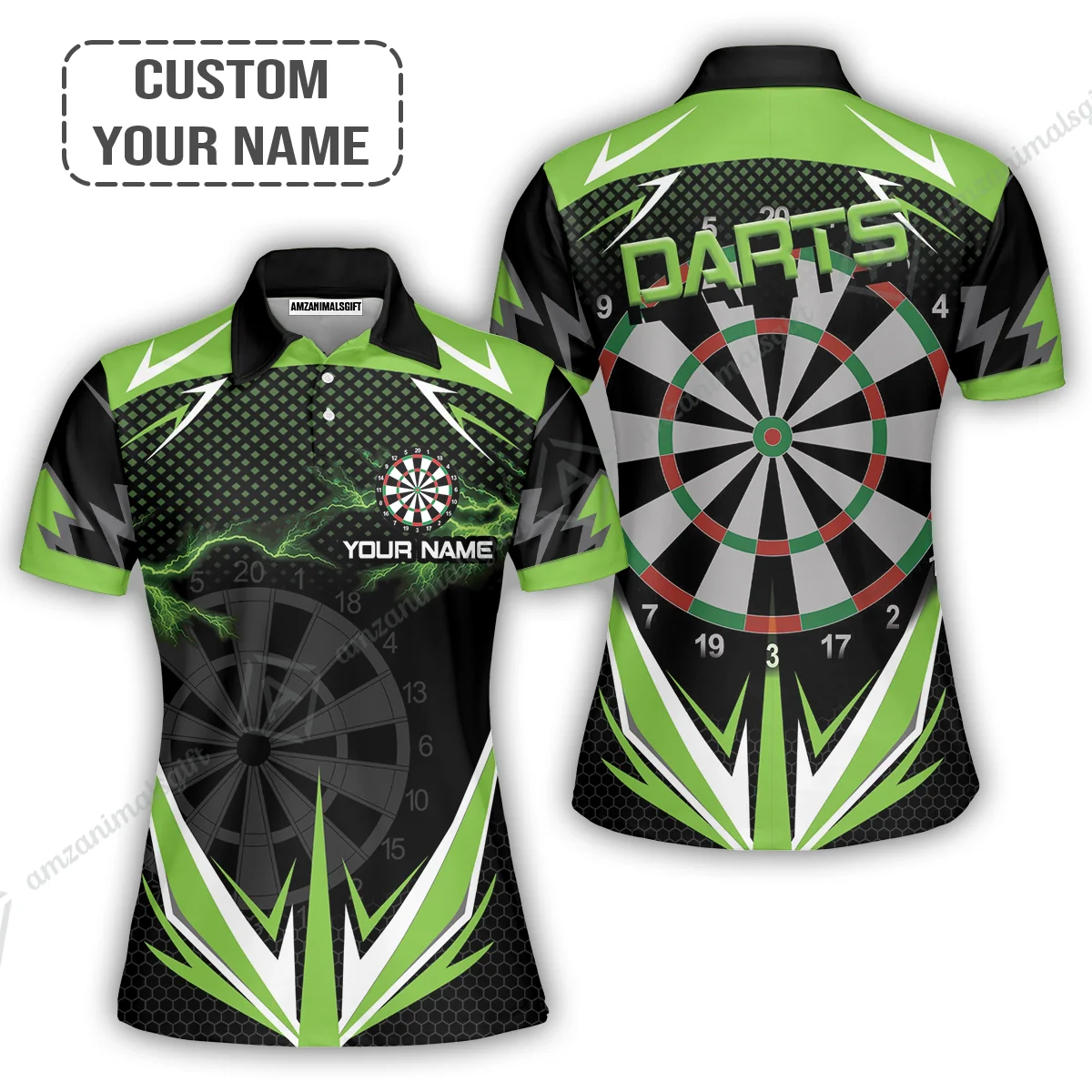 Darts Custom Name Men Polo Shirt, Green Darts Lightning Personalized Men Polo Shirt Gift For Darts Lovers, Friend, Darts Team Player - Image 3
