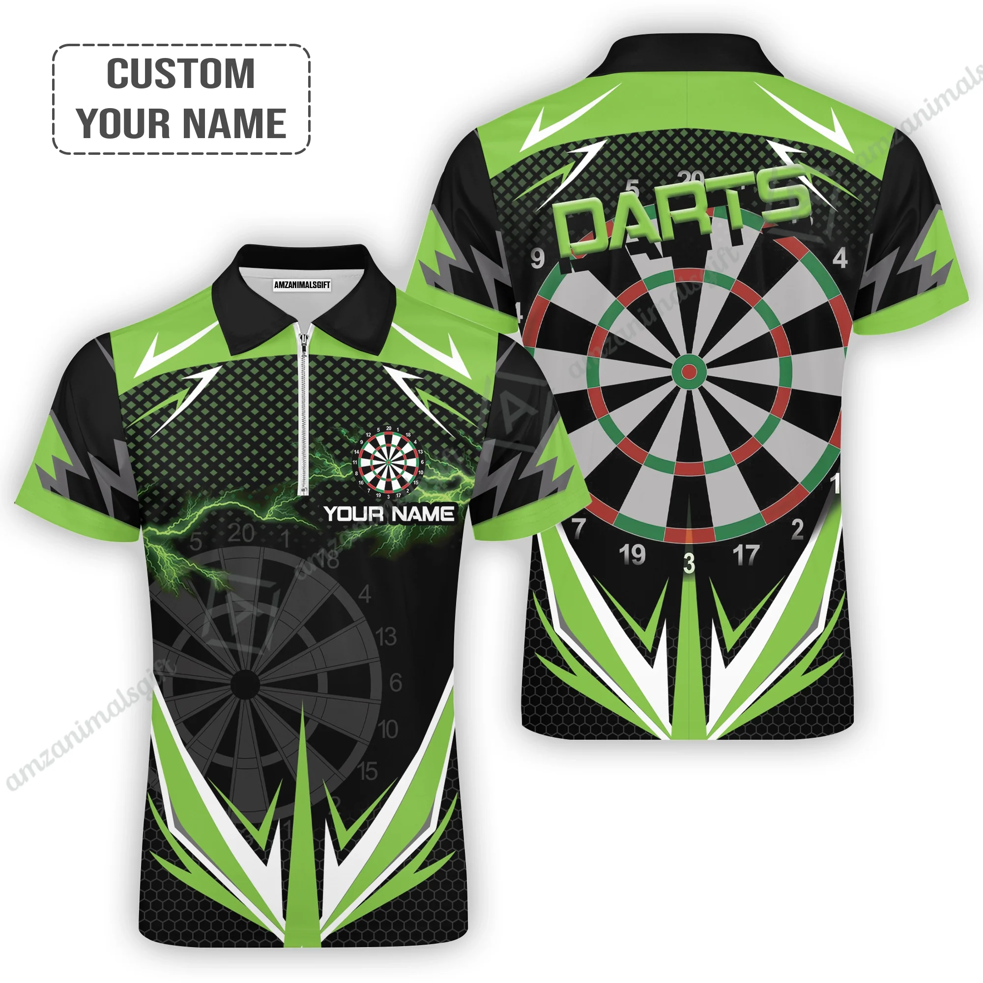 Darts Custom Name Men Polo Shirt, Green Darts Lightning Personalized Men Polo Shirt Gift For Darts Lovers, Friend, Darts Team Player - Image 4