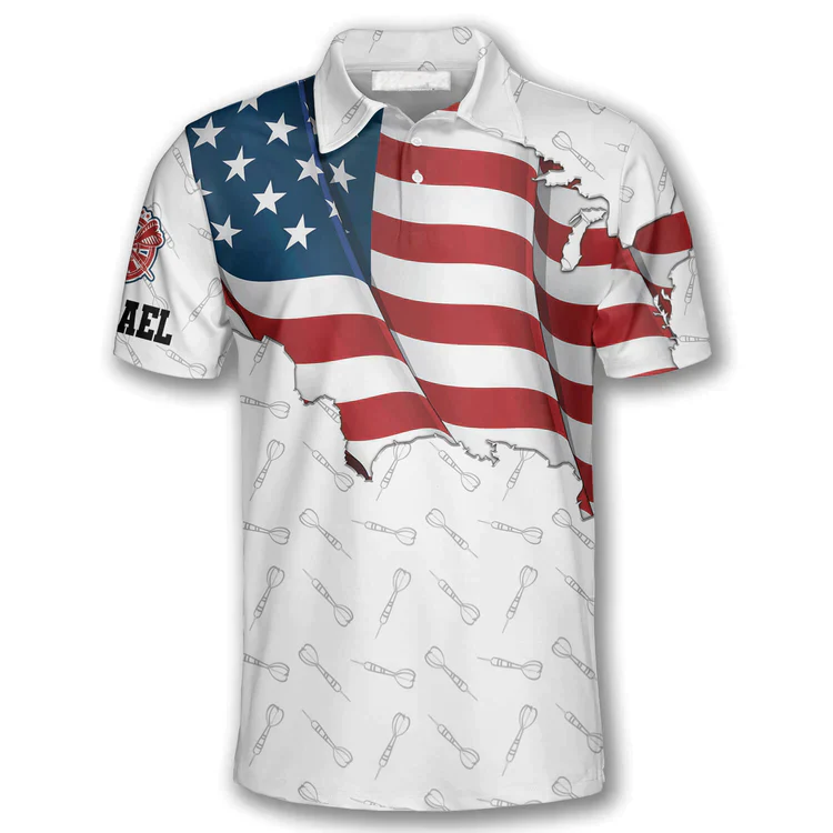 Darts Custom Name Men Polo Shirt, Personalized Darts Patriotic USA Flag White Polo Shirts For Men, 4th of July Apparel For Darts Lovers - Image 3