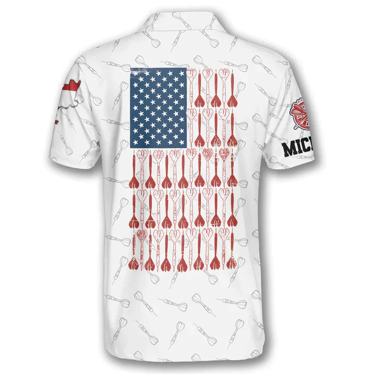 Darts Custom Name Men Polo Shirt, Personalized Darts Patriotic USA Flag White Polo Shirts For Men, 4th of July Apparel For Darts Lovers - Image 4