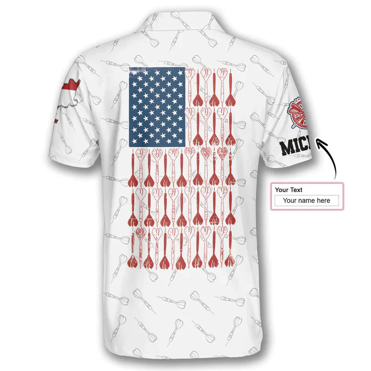 Darts Custom Name Men Polo Shirt, Personalized Darts Patriotic USA Flag White Polo Shirts For Men, 4th of July Apparel For Darts Lovers - Image 5