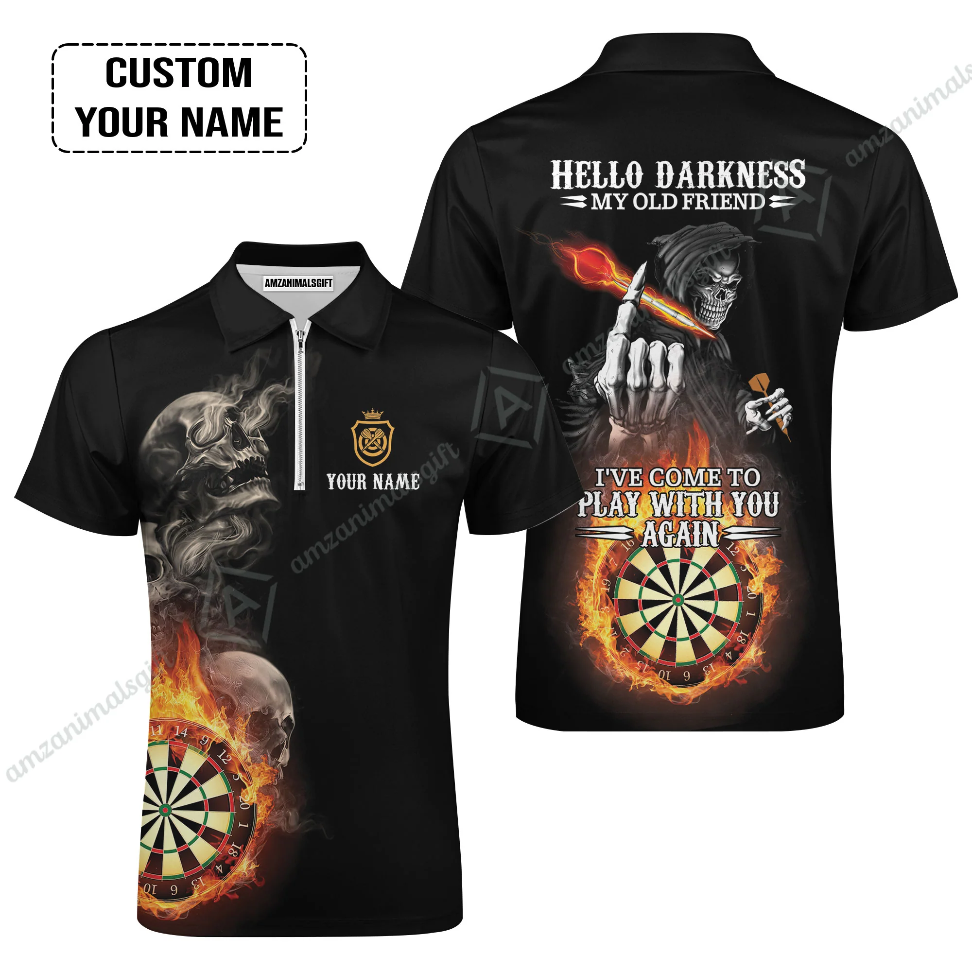 Darts Custom Name Men Polo Shirt, Skull Personalized Polo Shirt, Hello Darkness My Old Friend I've Come To Play With You Again - Image 4