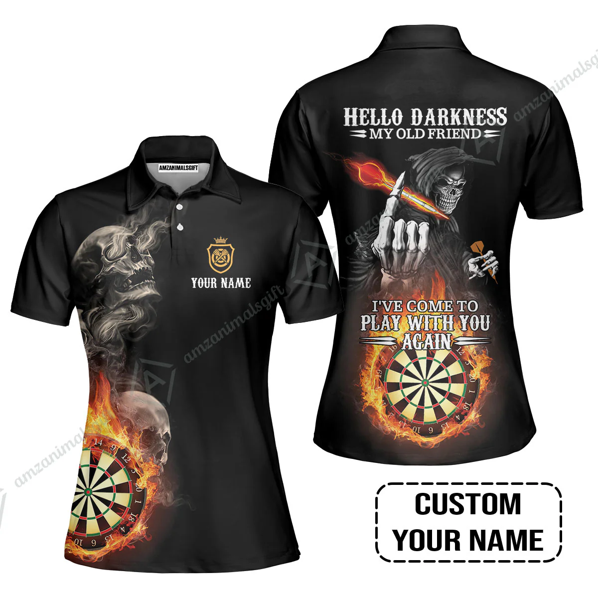 Darts Custom Name Men Polo Shirt, Skull Personalized Polo Shirt, Hello Darkness My Old Friend I've Come To Play With You Again - Image 7