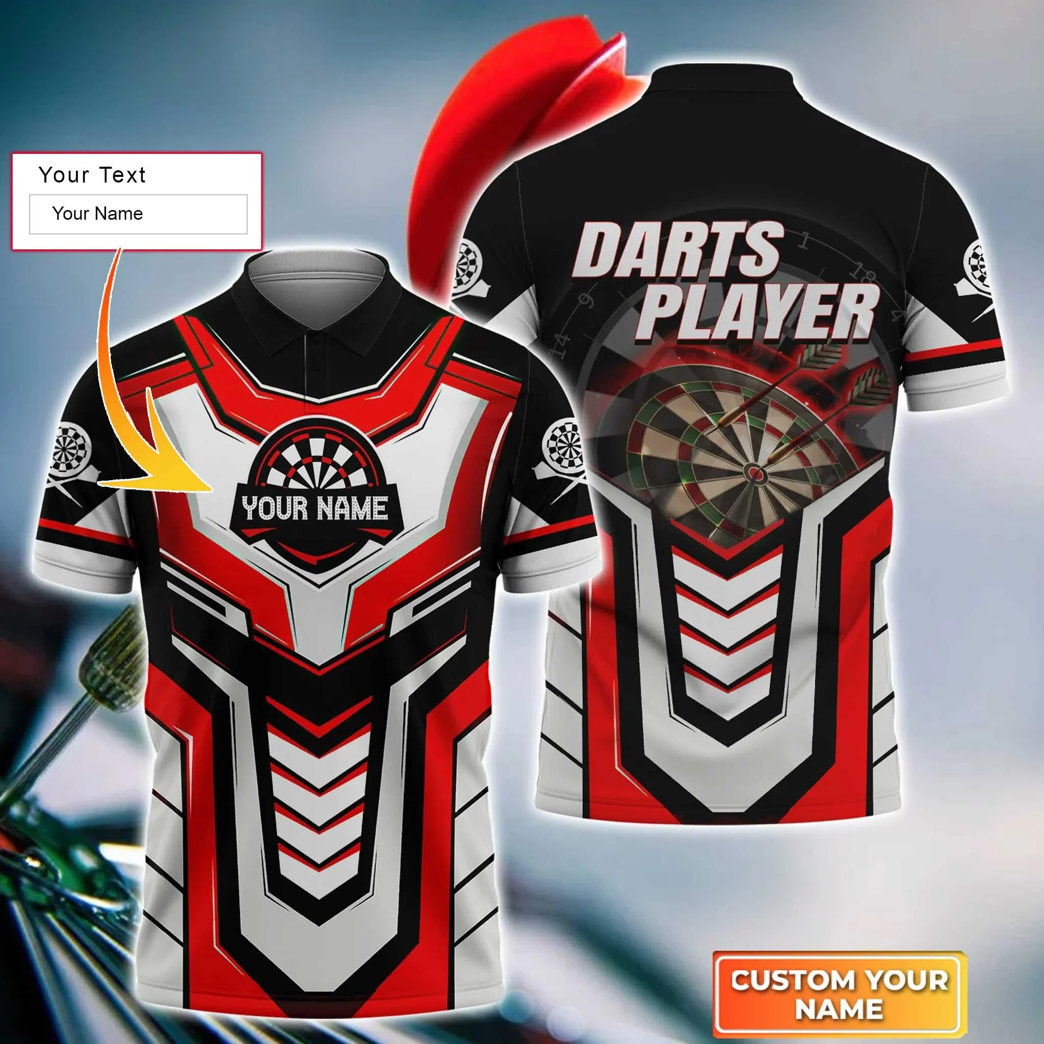 Darts Custom Name Men Polo Shirt, Throwing Bullseye Red Dartboard Personalized Men Polo Shirt Gift For Darts Lovers, Friend, Team Player - Image 2